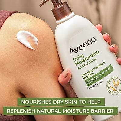 Aveeno  
Daily Moisturizing Body Lotion  
Intensely Nourishes  
Dry Skin  
Clinically Proven to Moisturize 24 Hours  
Fragrance Free  

Nourishes Dry Skin to Help Replenish Natural Moisture Barrier