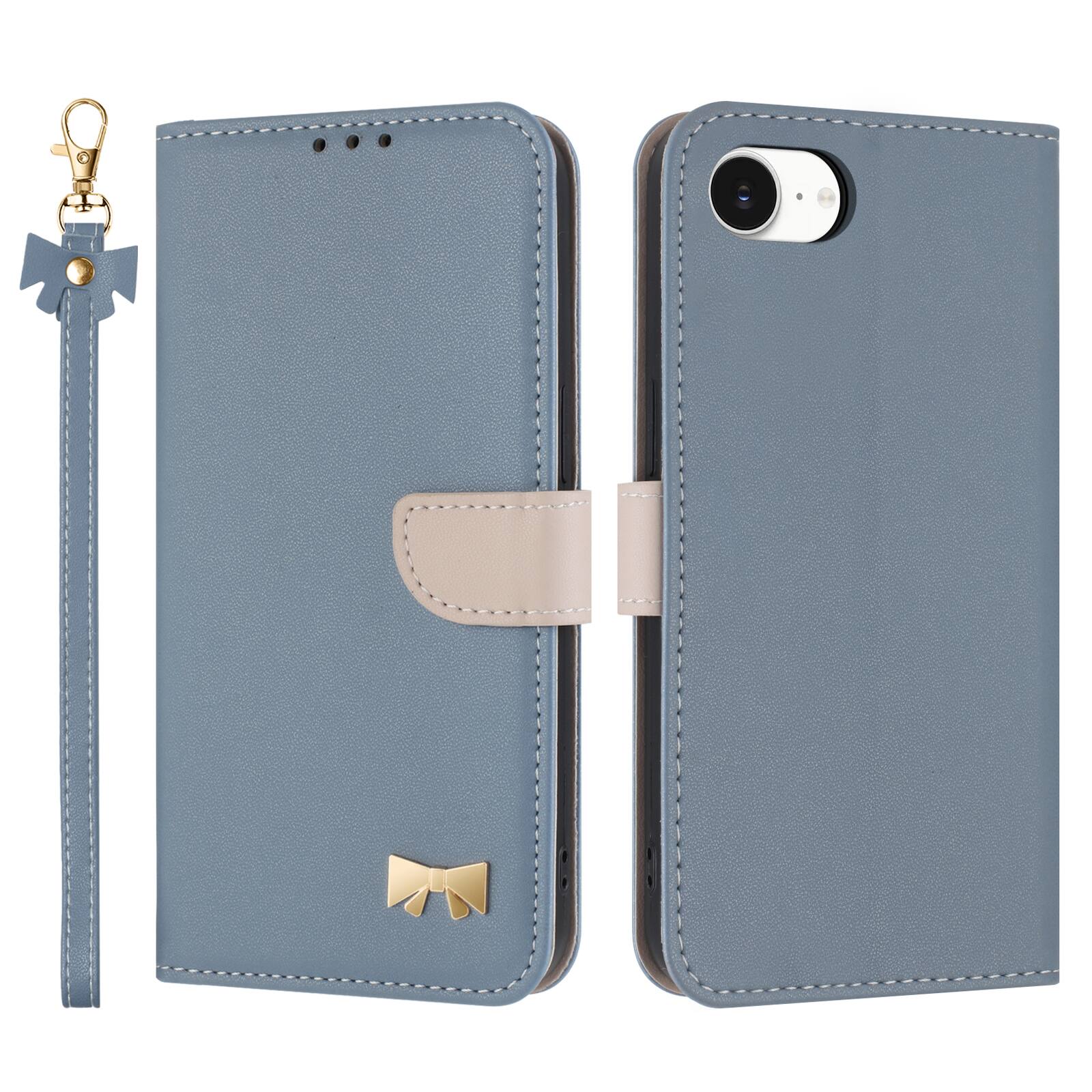 Front. Dteck - For Apple iPhone 16e/17e Premium Leather Cute Bow-knot Card Slot Kickstand Flip Wallet Case With Crossbody/Wrist Strap - Blue.