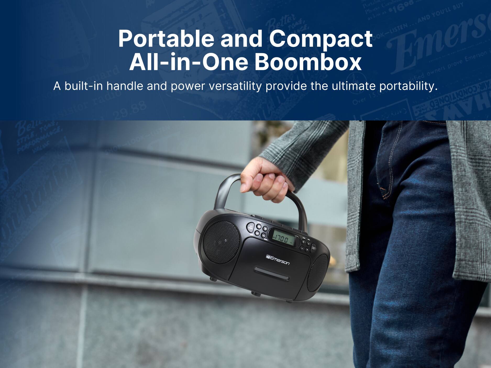 Portable and Compact All-in-One Boombox
A built-in handle and power versatility provide the ultimate portability.