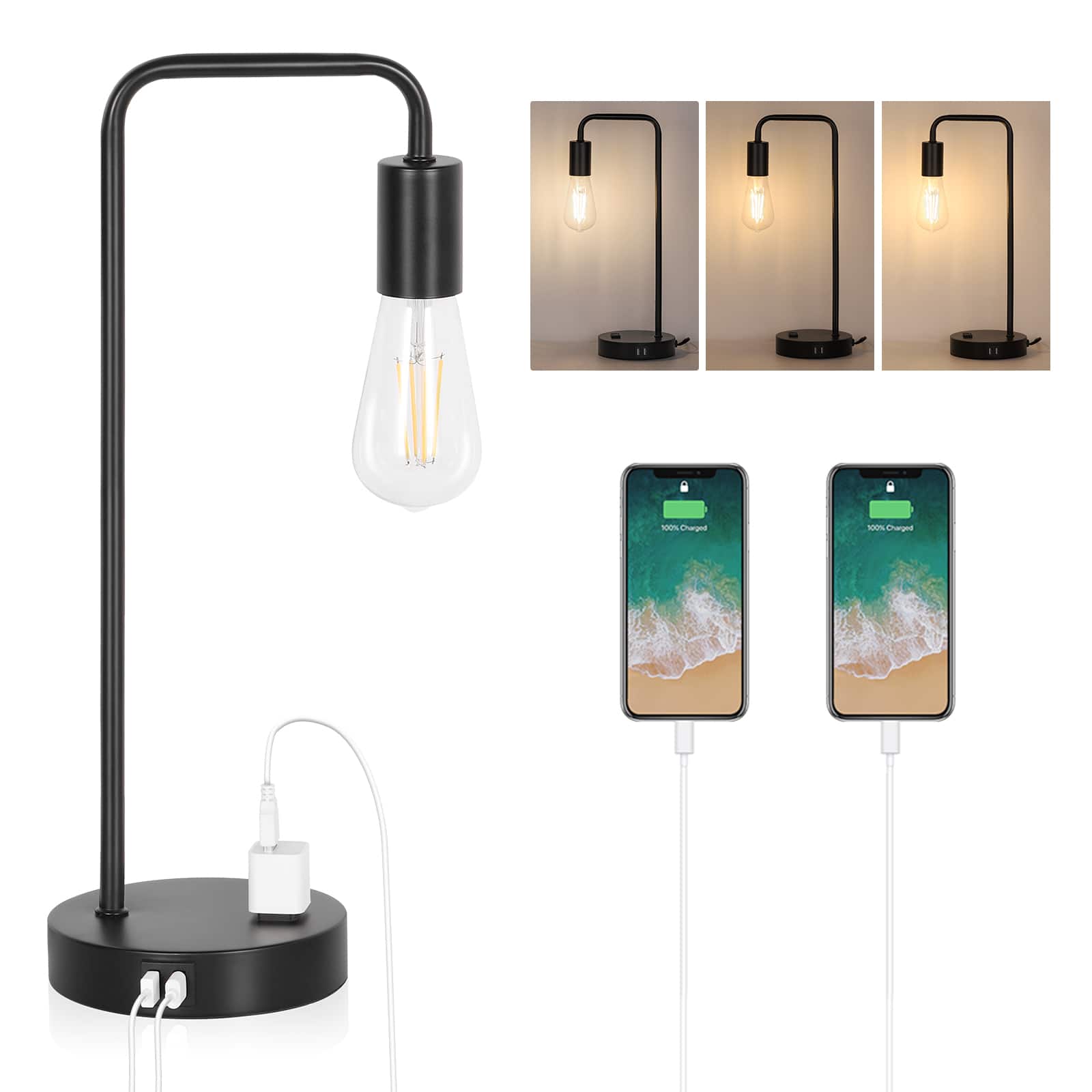 Oumilen - Industrial Table Lamp with 2 USB Port, Touch Control 3-Way Dimmable Bedside Nightstand Reading Lamp