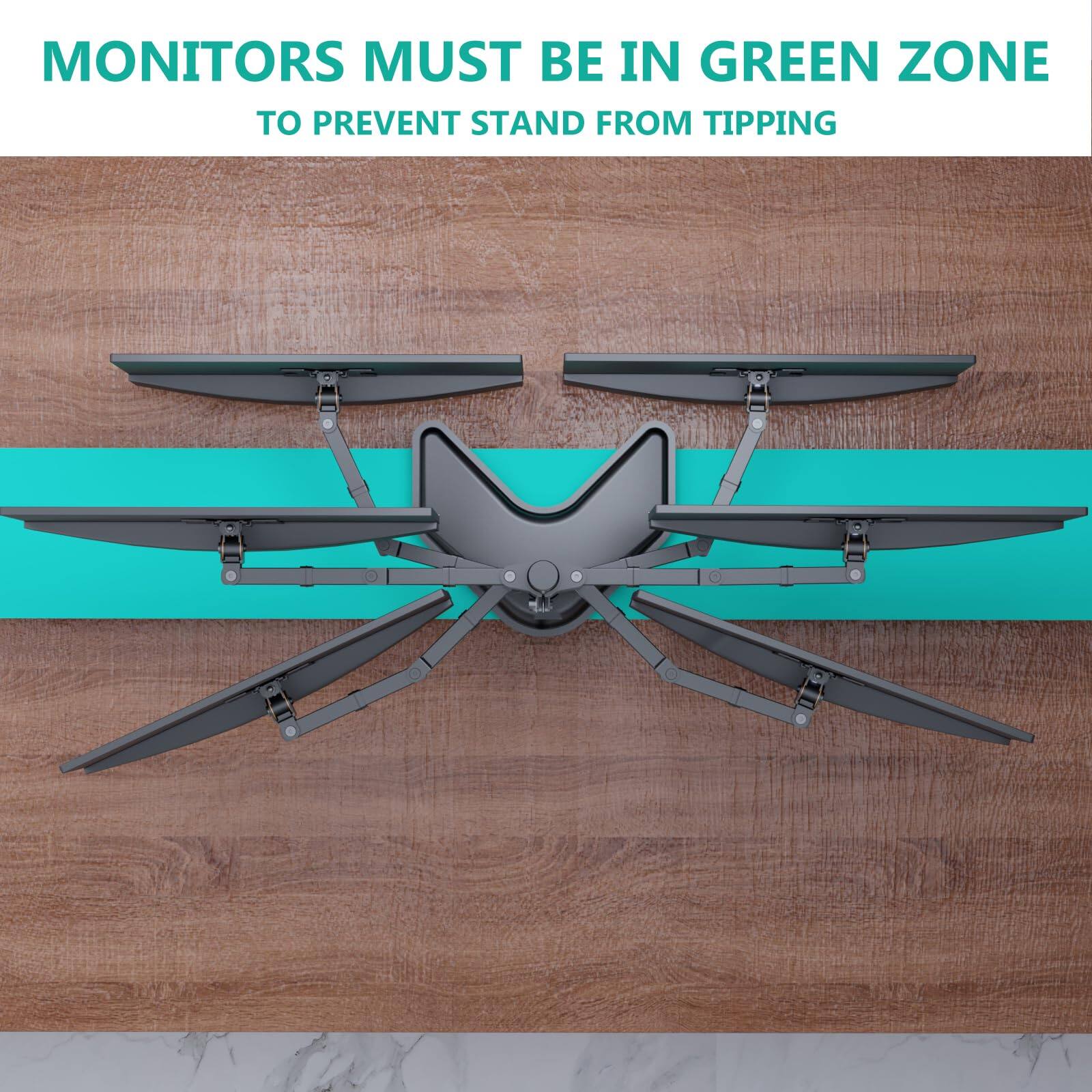 MONITORS MUST BE IN GREEN ZONE  
TO PREVENT STAND FROM TIPPING