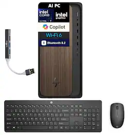 HP - OmniDesk Desktop (Intel Ultra 7-265, 8GB DDR5, 256GB SSD, Intel Graphics, Win 11 Home) w/USB Hub - Dark Wood