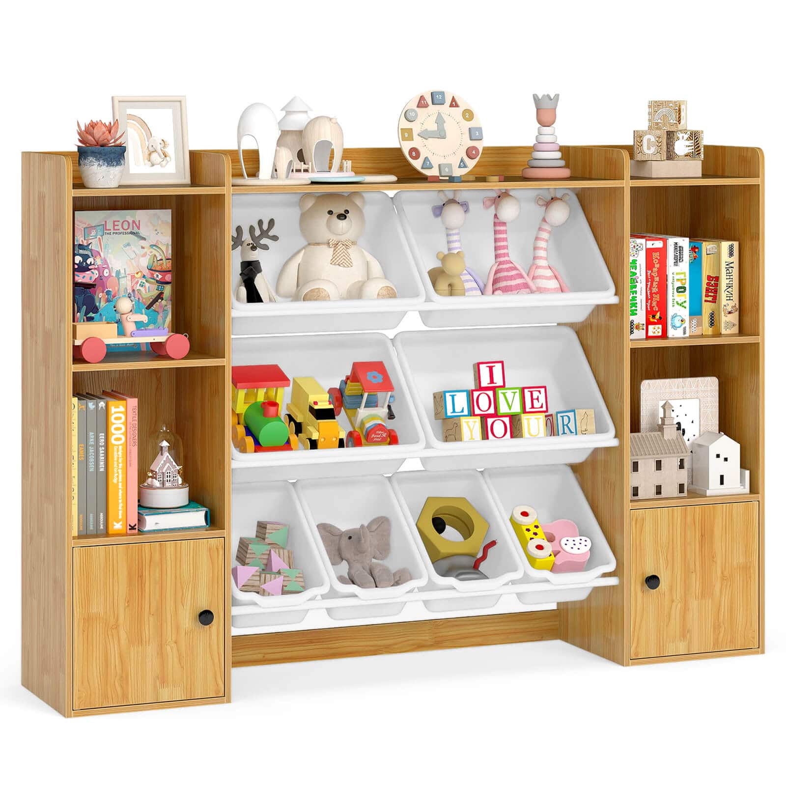 Costway - Kids Toy Storage and Bookshelf with 8 Boxes Open Shelves & 2 Single-door Cabinets - Beige price history on PriceWatchPro