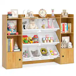 Costway - Kids Toy Storage and Bookshelf with 8 Boxes Open Shelves & 2 Single-door Cabinets - Beige