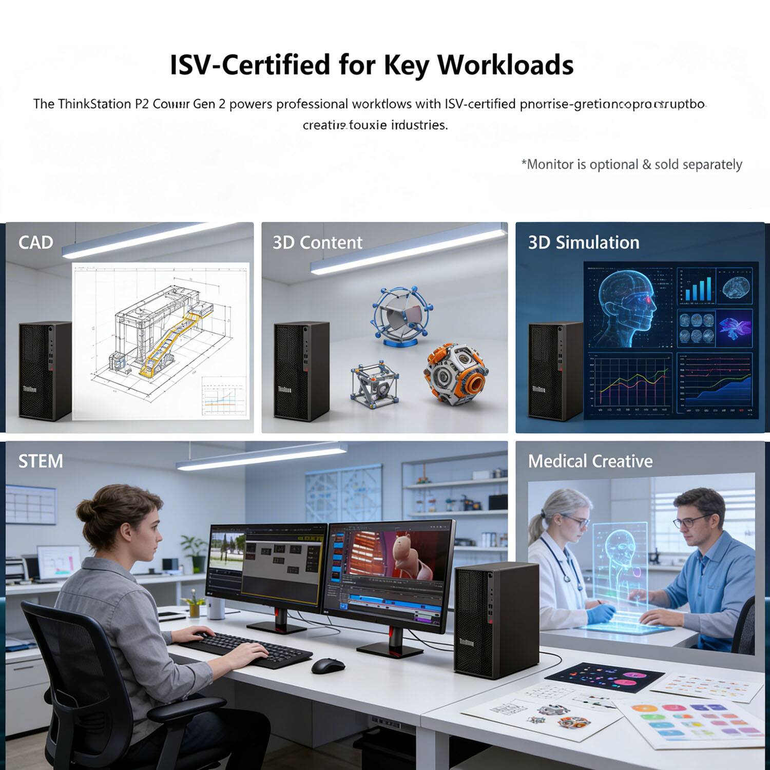 ISV-Certified for Key Workloads

The ThinkStation P2 Cowur Gen 2 powers professional workflows with ISV-certified prorriise-gretioncoproctruptbo creativ fouxie industries.

*Monitor is optional & sold separately

CAD  
3D Content  
3D Simulation  
STEM  
Medical Creative