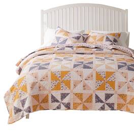 Greenland Home Fashions - Pinwheel & Posey Luxury Modern Design 3 Pieces Quilt Set for Bed Full/Queen - Peach