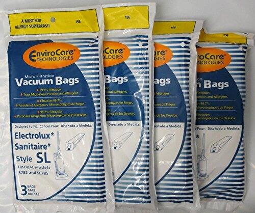 A MUST FOR ALLERGY SUFFERERS!  
156 156 156 156  

EnviroCare TECHNOLOGIES  
Care OLOGIES  
Micro Filtration Vacuum Bags  

99.7% Filtration Traps Particles and Allergens  
99.7% Particulas et Altergenes Microscopiques de Pieges  
99.7% Filtracion Particulas Alergenicos Microscopicos de los Desvios  

Designed to Fit:  
Electrolux* Sanitaire* Style SL Upright models S782 and SC785  

Bags and Allergens  
Pieges de los Desvios  
Diseñado a Medida:  
BAGS 3 SACS BOLSAS