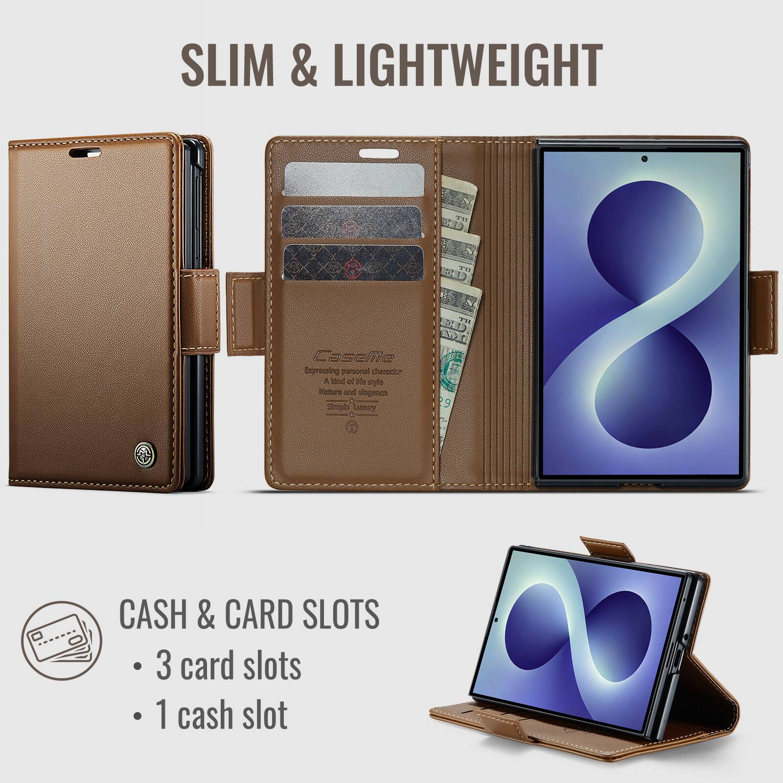 SLIM & LIGHTWEIGHT

Expressing personal character A Mind of B0 styls Returs and alogencs

LISToy DA Tu 13 a 29

CASH & CARD SLOTS
- 3 card slots
- 1 cash slot