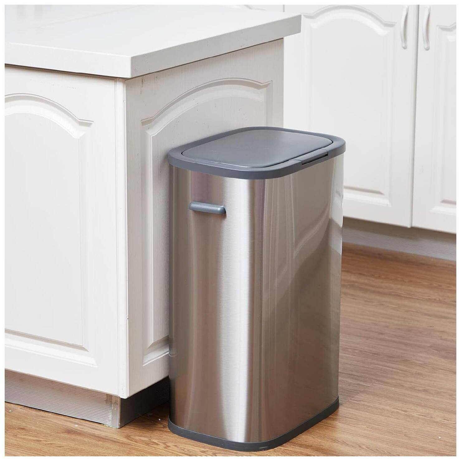 Alt View 2. GARVEE - Kitchen Trash Can, 55L Rectangular Trash Can with Pop-up Lid, Stainless Steel Recycling Trash Can - Silver.