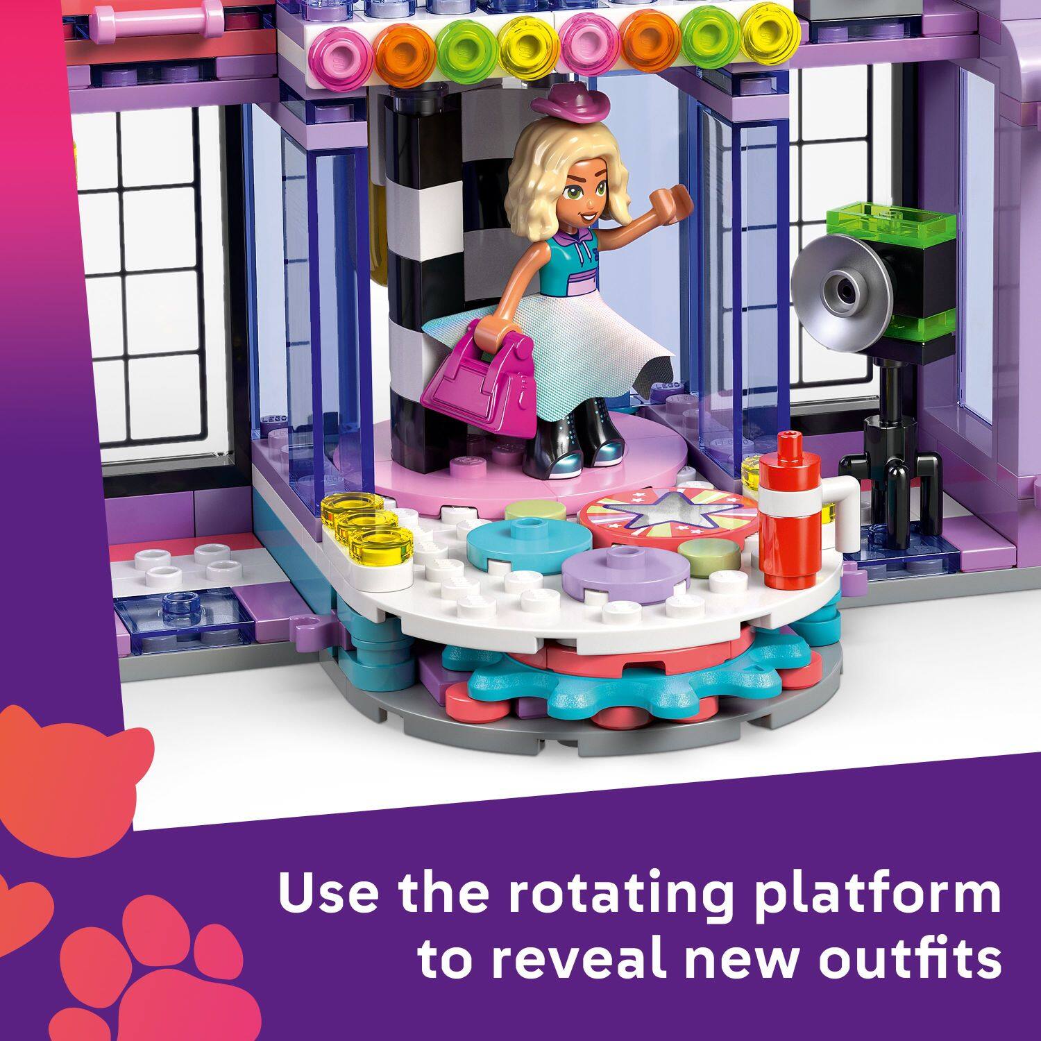 Use the rotating platform to reveal new outfits