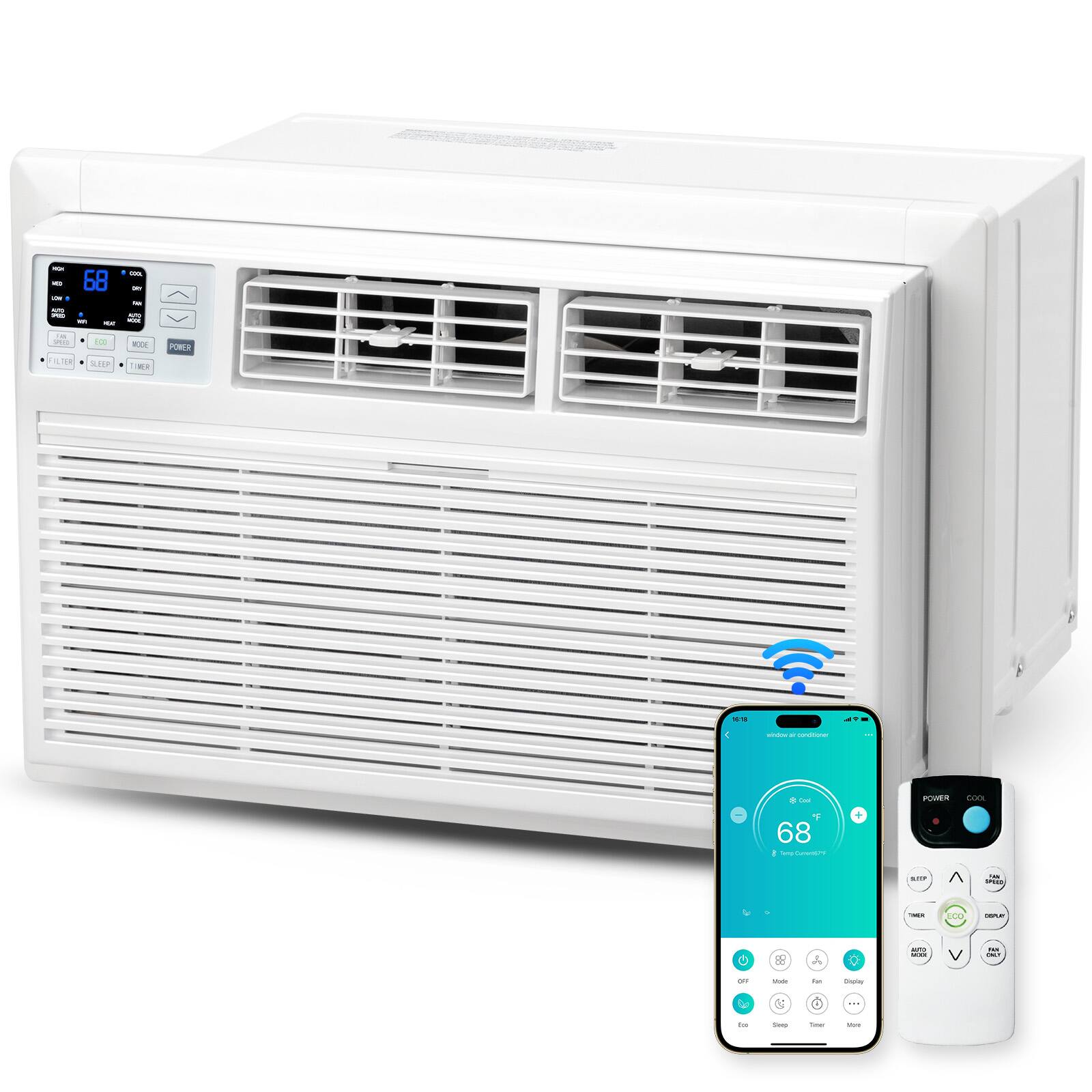 Sure, here is the corrected and grouped text from the image:

---

**Air Conditioner Display:**
- 68°F
- COOL
- FAN
- AUTO
- SWING
- FILTER
- SLEEP
- TIMER
- POWER

**Remote Control:**
- POWER
- COOL
- FAN
- SWING
- AUTO
- FILTER
- SLEEP
- TIMER
- DISPLAY
- V
- X
- MODE
- FAN
- DISPLAY
- OFF
- MODE
- FAN
- DISPLAY
- SLEEP
- TIMER
- MORE

**Smartphone App:**
- 68°F
- Cool
- 68°F
- Cool
- Eco
- Sleep
- Timer
- More

---

This text is grouped according to the different sections of the image: the air conditioner display, the remote control, and the smartphone app.