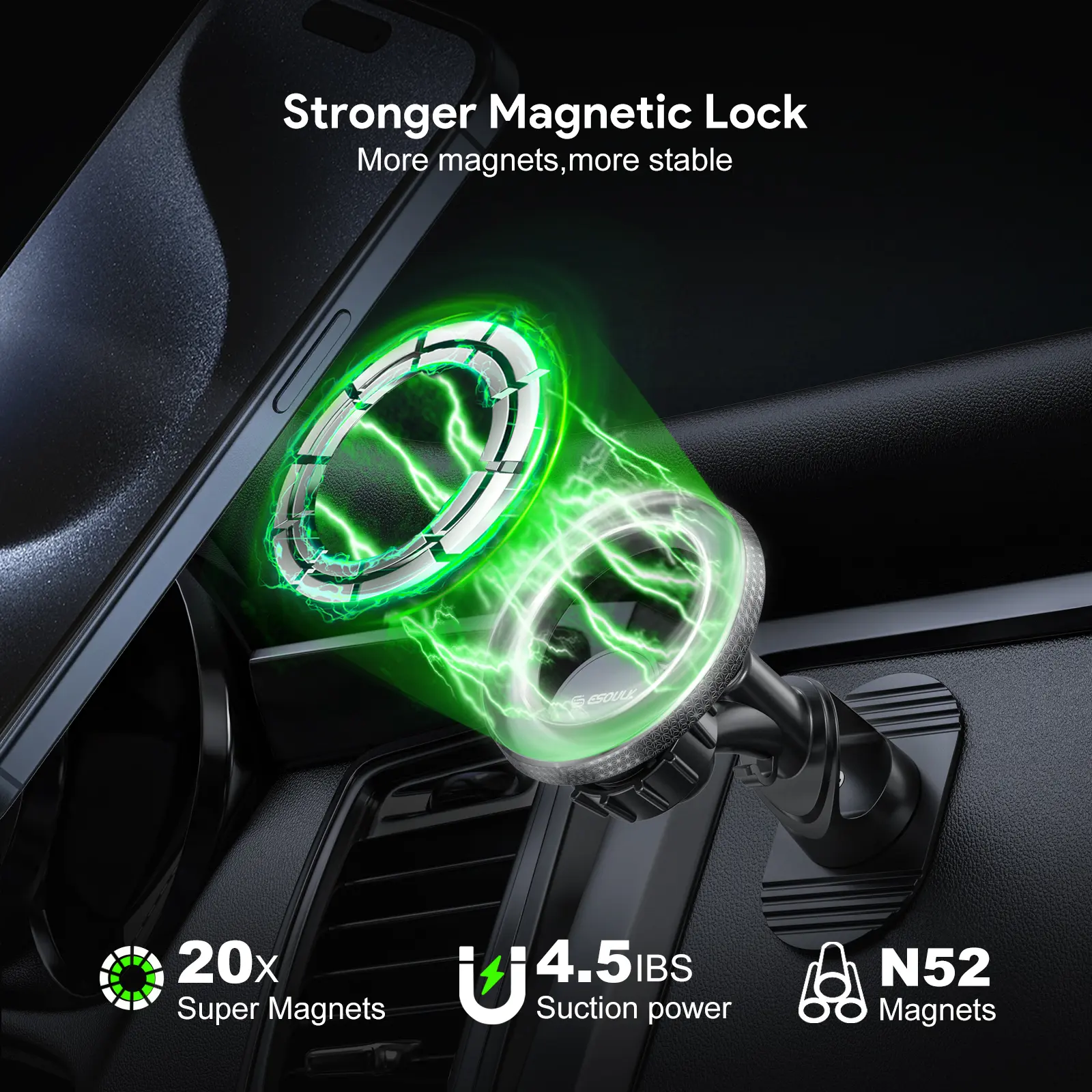 Stronger Magnetic Lock, More magnets, more stable, 20x Super Magnets, 4.5IBS Suction power, N52 Magnets