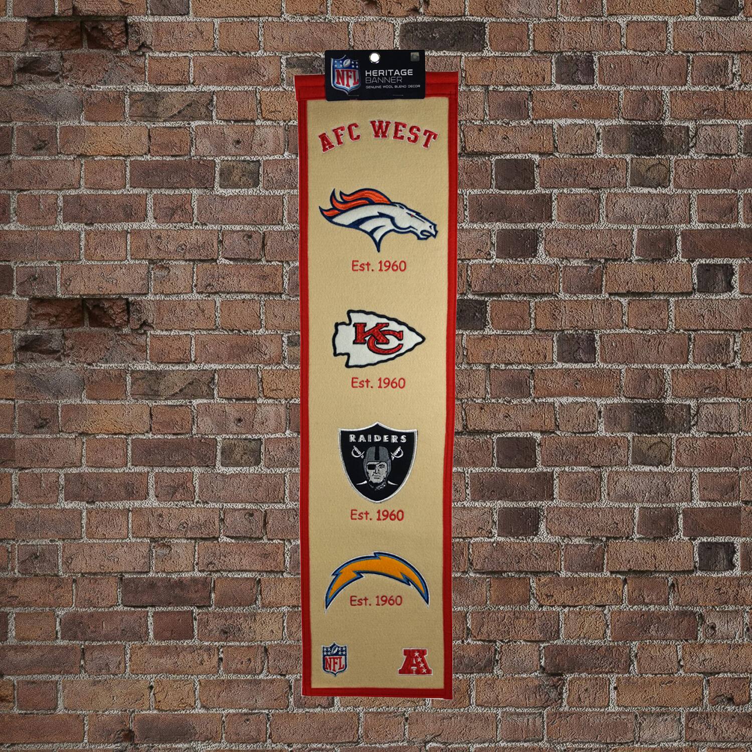 AFC WEST  
Est. 1960  
Denver Broncos  
Est. 1960  
Kansas City Chiefs  
Est. 1960  
Oakland Raiders  
Est. 1960  
San Diego Chargers  
Est. 1960