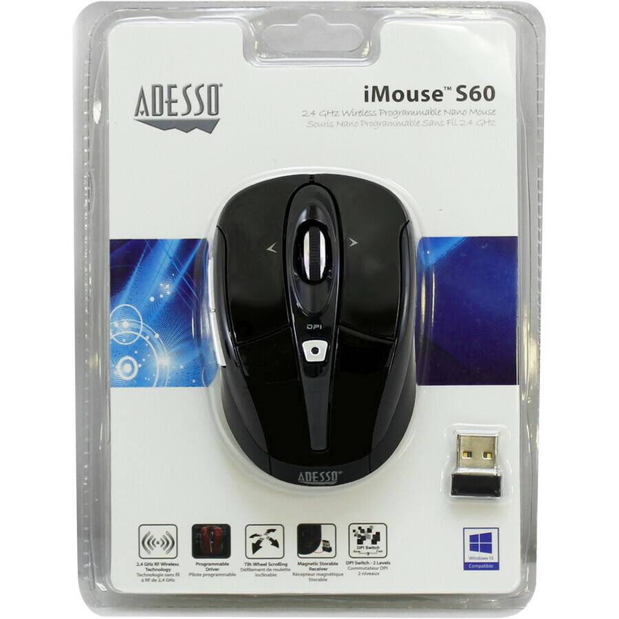 ADESSO  
iMouse™ S60  
2.4 GHz Wireless Programmable Nano Mouse  
Souris Nano Programmable Sans Fil 2.4 GHz  

- 2.4 GHz RF Wireless Technology  
- Programmable DPI Switch - 2 Levels  
- Tilt Wheel Scrolling  
- Magnetic Receiver  
- Windows 10 Compatible  

ADESSO