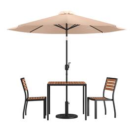 Emma + Oliver - 5 Piece Patio Table Set - Synthetic Faux Teak Stackable Chairs - Faux Teak Table - Umbrella with Base - Tan