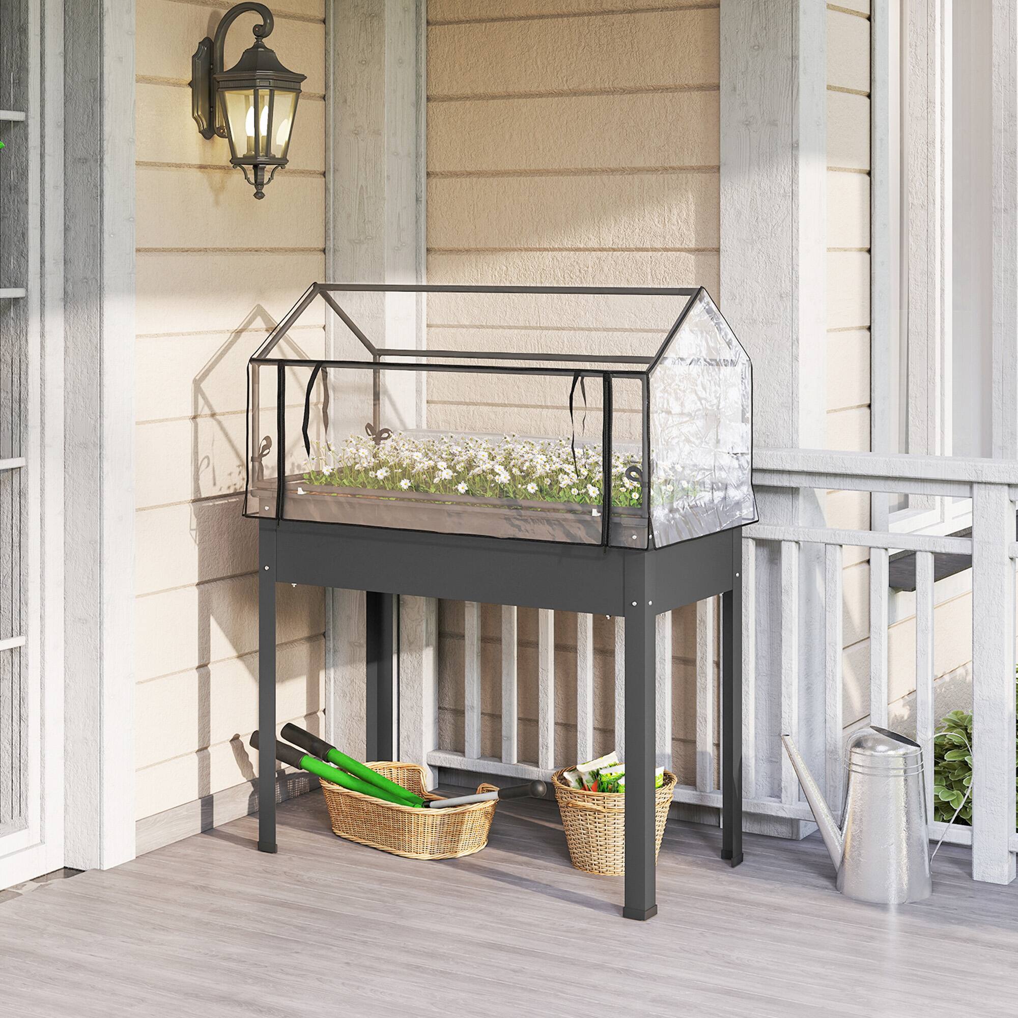 Alt View 1. Outsunny - Garden Box with Greenhouse Cover, Raised Garden Bed with Legs and Drainage Hole for Vegetables.