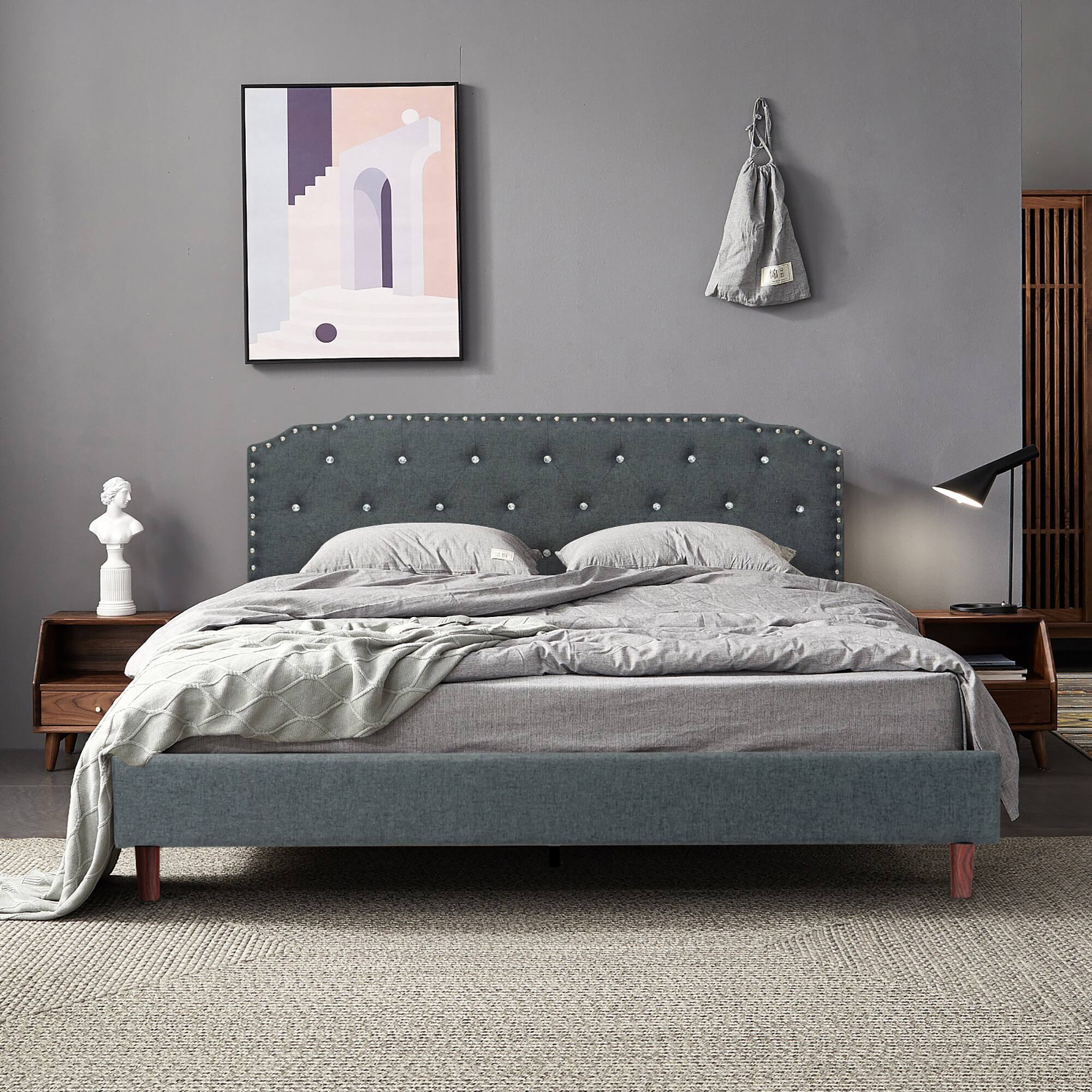 Alt View 2. Costway - Costway Full Upholstered Bed Frame Adjustable Diamond Button Headboard Easy Assembly - Gray.