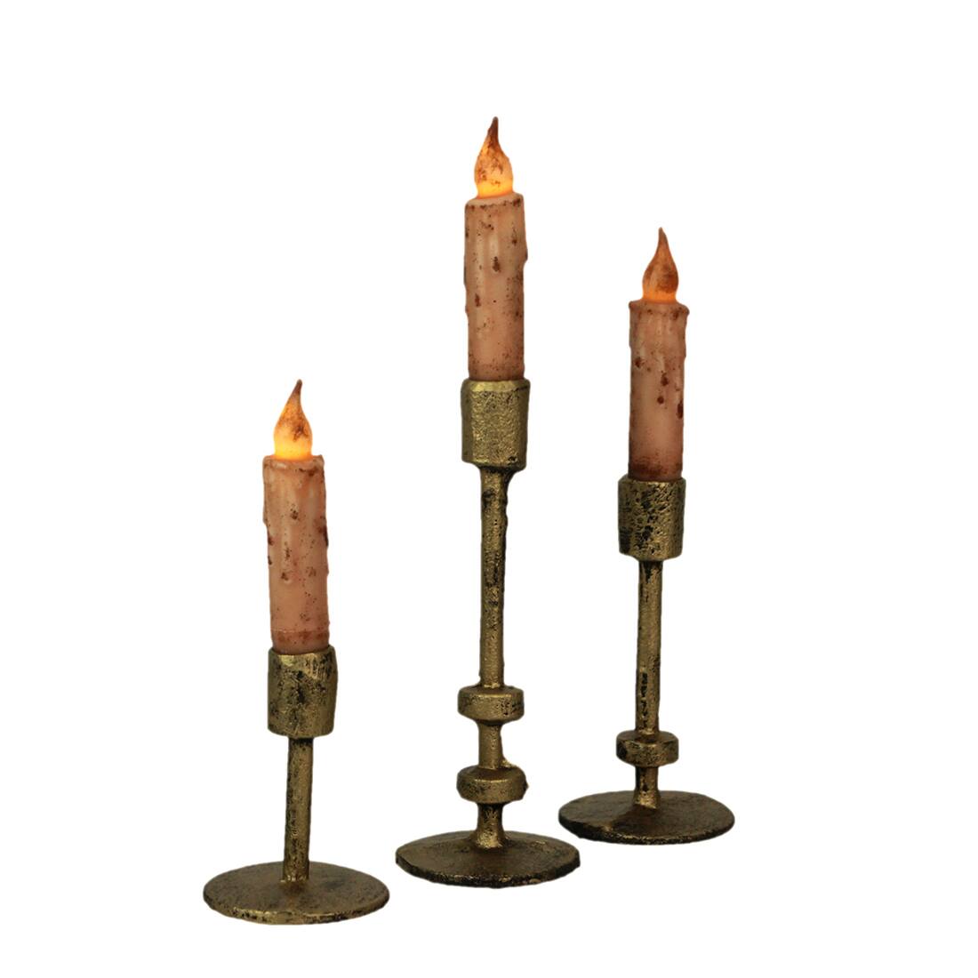 Alt View 1. Zeckos - Set of 3 Aged Bronze Cast Iron Taper Candle Holders MCM, Gothic Industrial Decor - Gold.