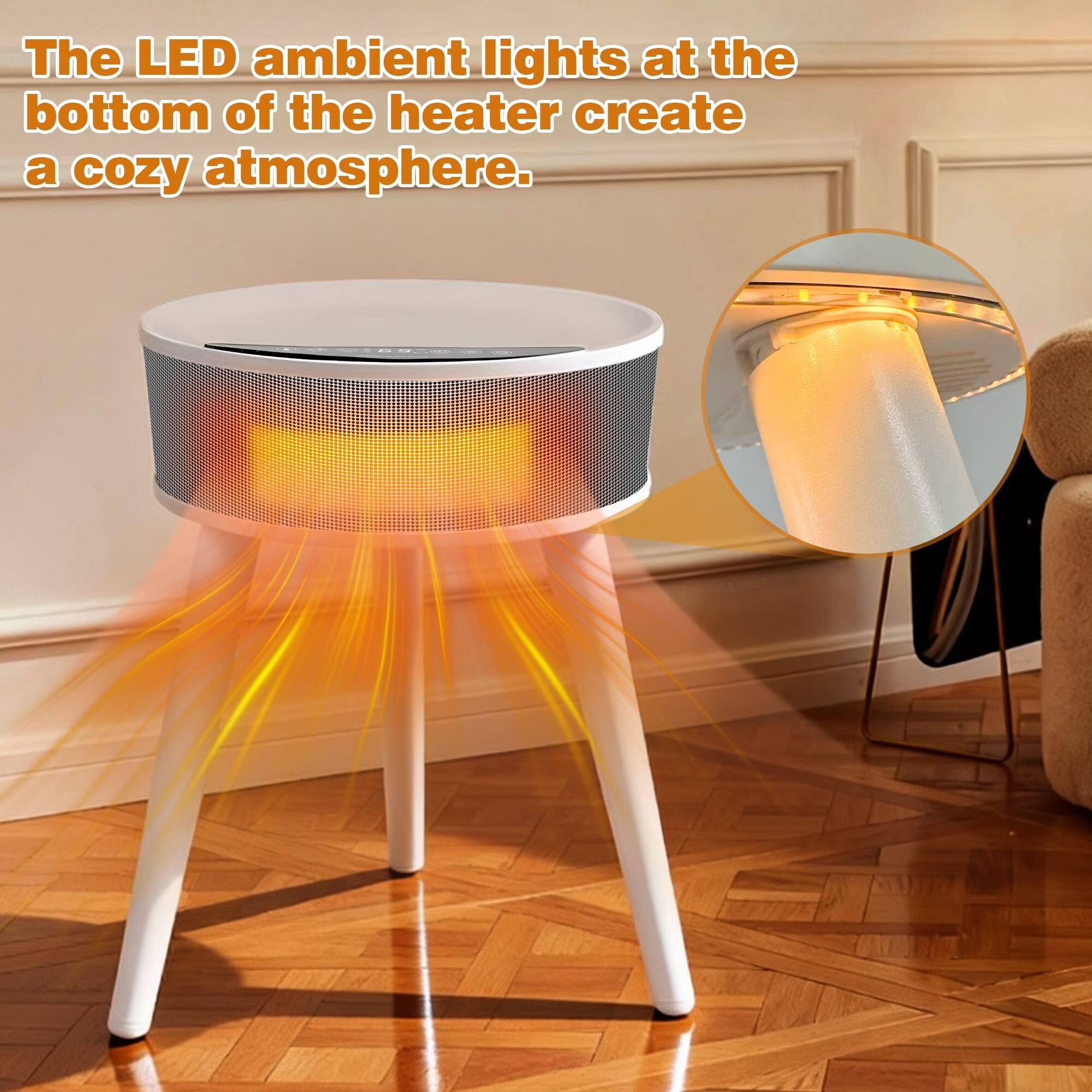 The LED ambient lights at the bottom of the heater create a cozy atmosphere.