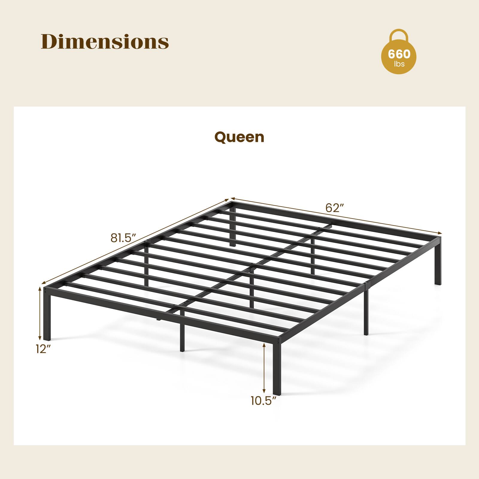 Dimensions: 660 lbs, Queen, 62" x 81.5" x 12" x 10.5"