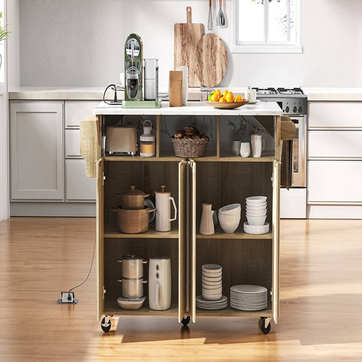 Back. Loheer - 55.5 inch fluted kitchen island with 2 drop leaf, faux marble top kitchen island, rolling kitchen cart with power outlet - Natural.