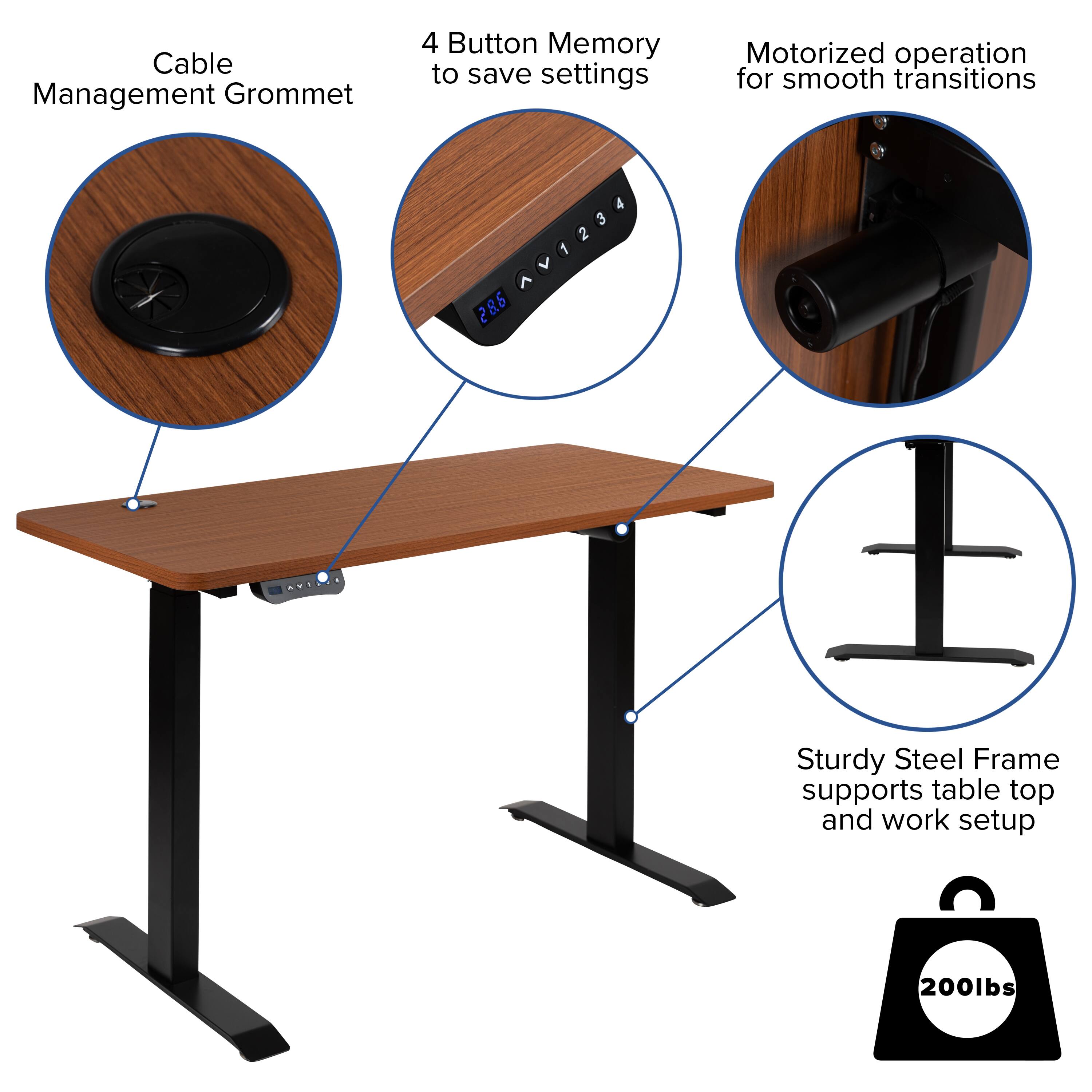- Cable Management Grommet
- 4 Button Memory to save settings
- Motorized operation for smooth transitions
- Sturdy Steel Frame supports table top and work setup
- 200lbs