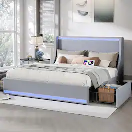 Vecelo - Queen Size LED Bed Frame with Headboard, Charging Ports, Storage Drawers, No Box Spring Needed, App & Remote Control - Gray