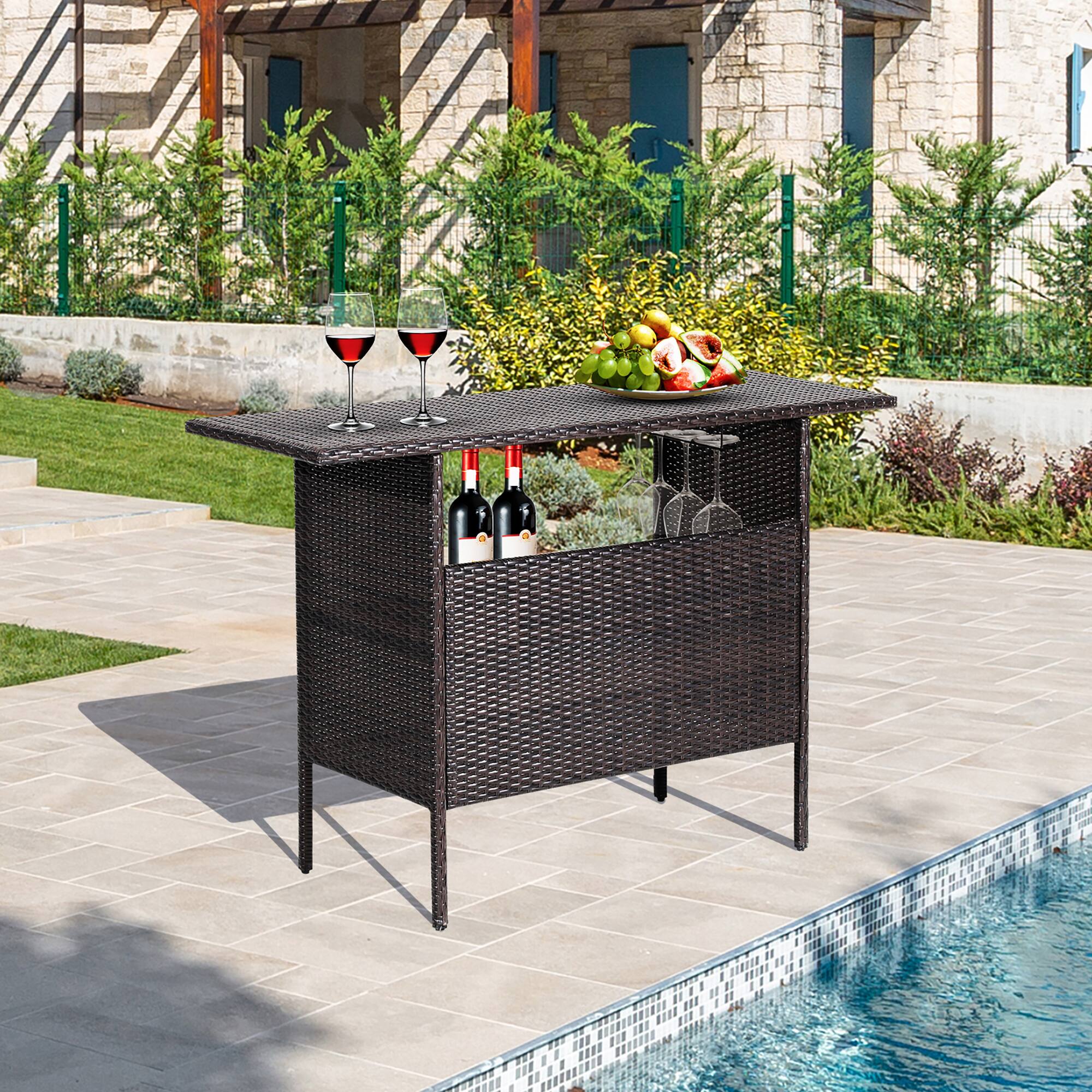 Alt View 2. Costway - Costway Patio Garden Rattan Wicker Bar Height Counter Table Storage Shelf Rail - Brown.