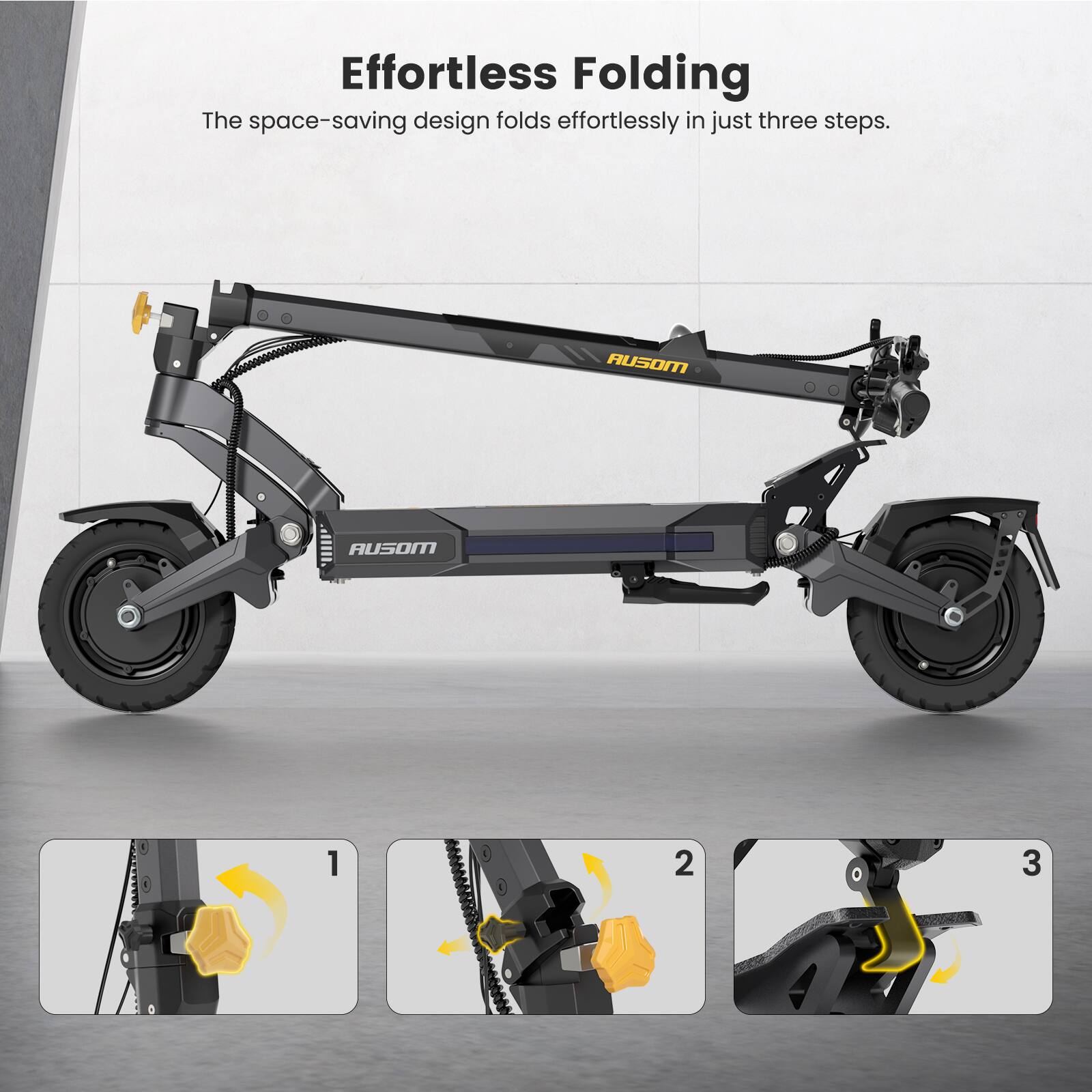 Effortless Folding

The space-saving design folds effortlessly in just three steps.

1
2
3