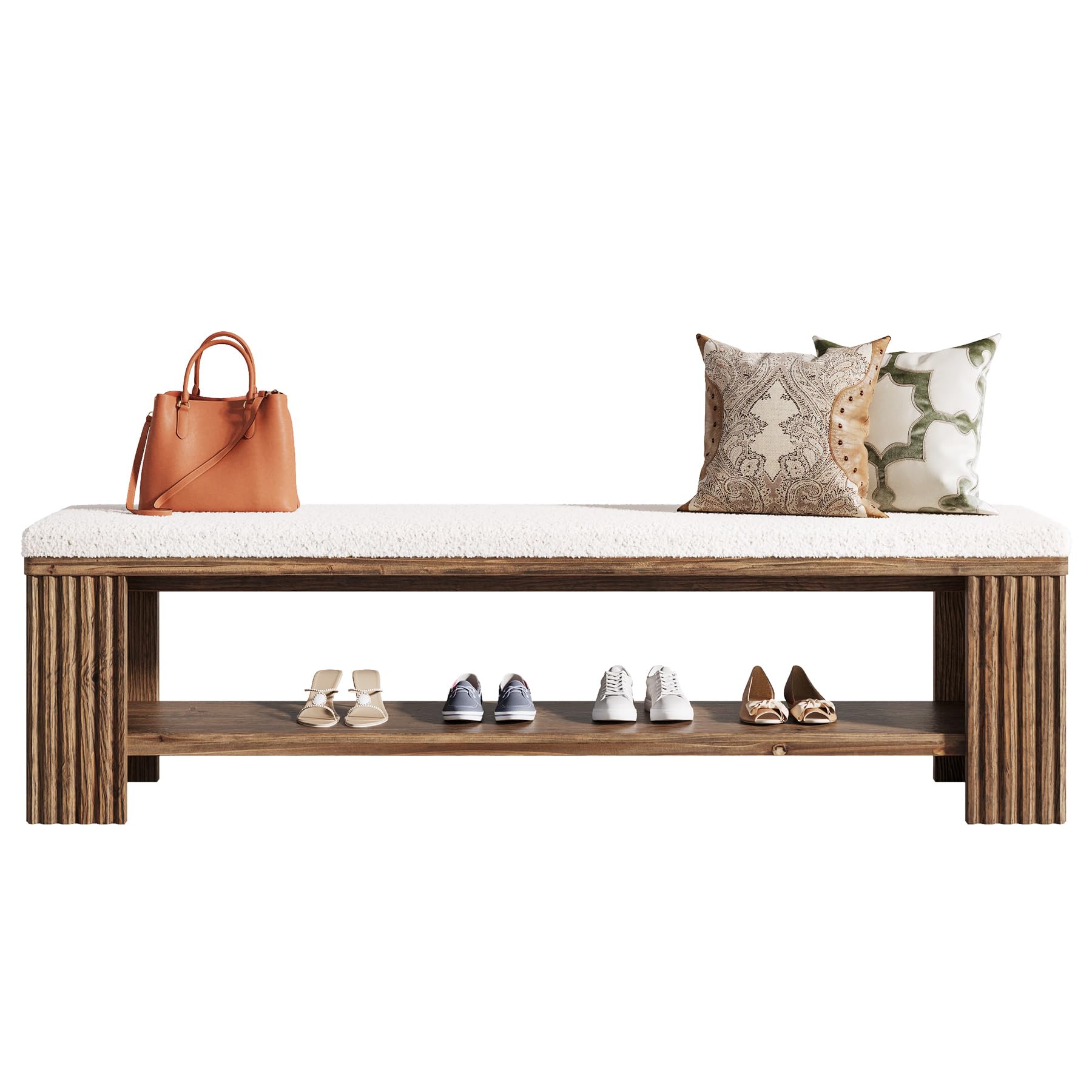 Alt View 5. Tribesigns - 63" Solid Wood Entryway Bench, Farmhouse Upholstered End of Bed Bench with Removable Faux Lambswool Cushion and Fluted L - Dark Brown.