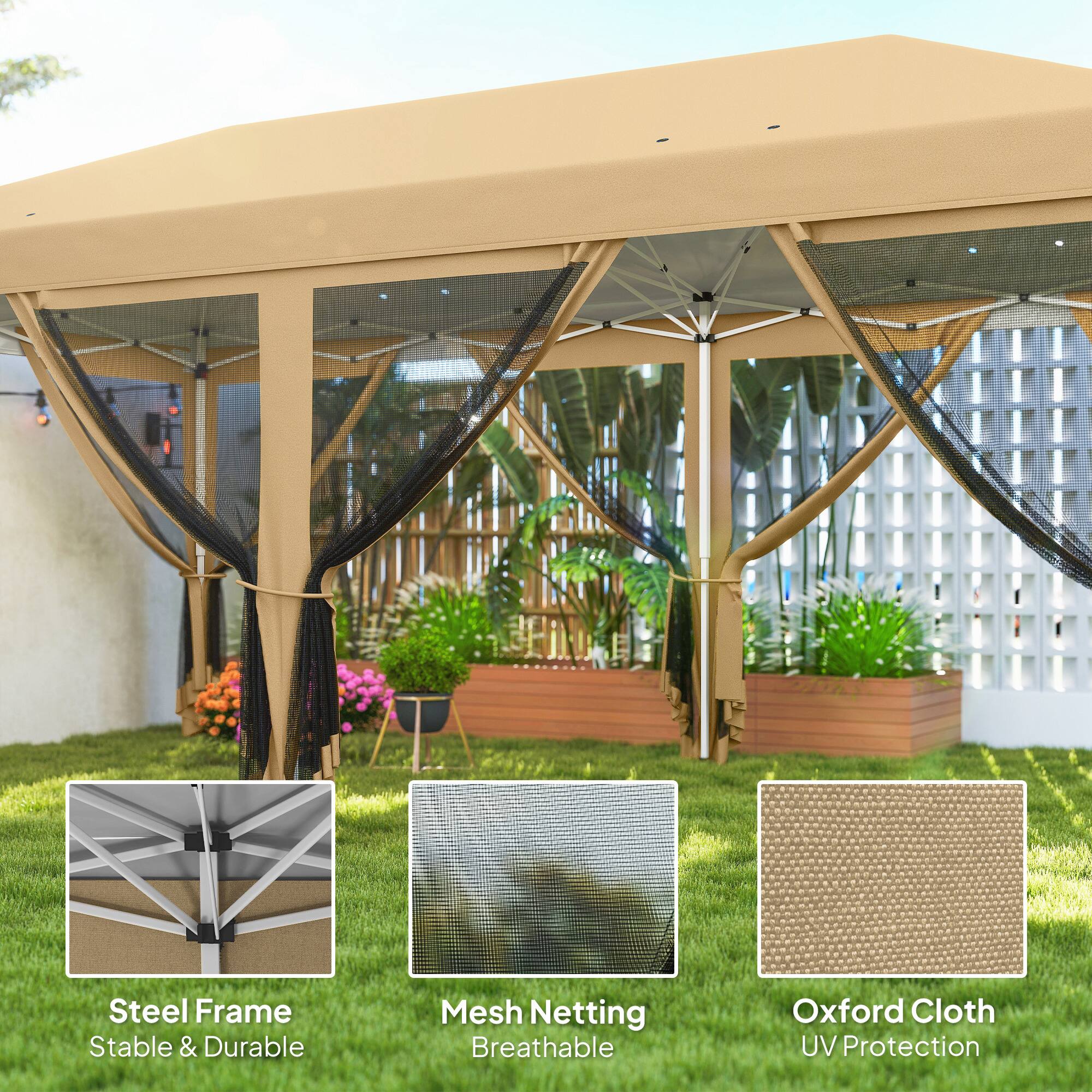 Steel Frame  
Stable & Durable  

Mesh Netting  
Breathable  

Oxford Cloth  
UV Protection