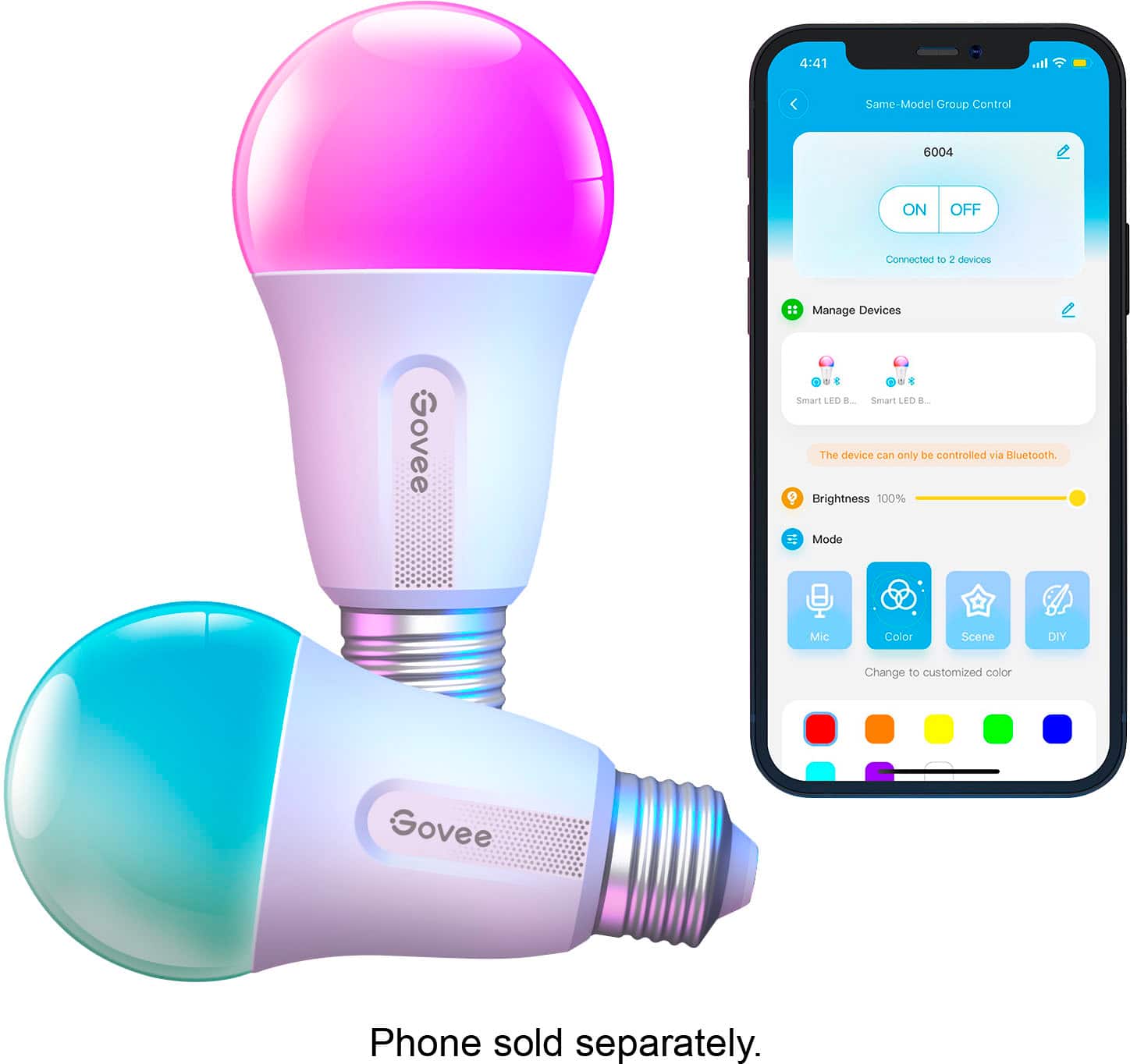 The image features a smartphone and a Govee smart LED light bulb. The phone is connected to the light bulb, and the screen displays the device's settings, including brightness, color, and mode. The phone is sold separately, and the smart LED light bulb can be controlled via Bluetooth. The device also allows users to manage multiple devices and customize the light bulb's color and scene.