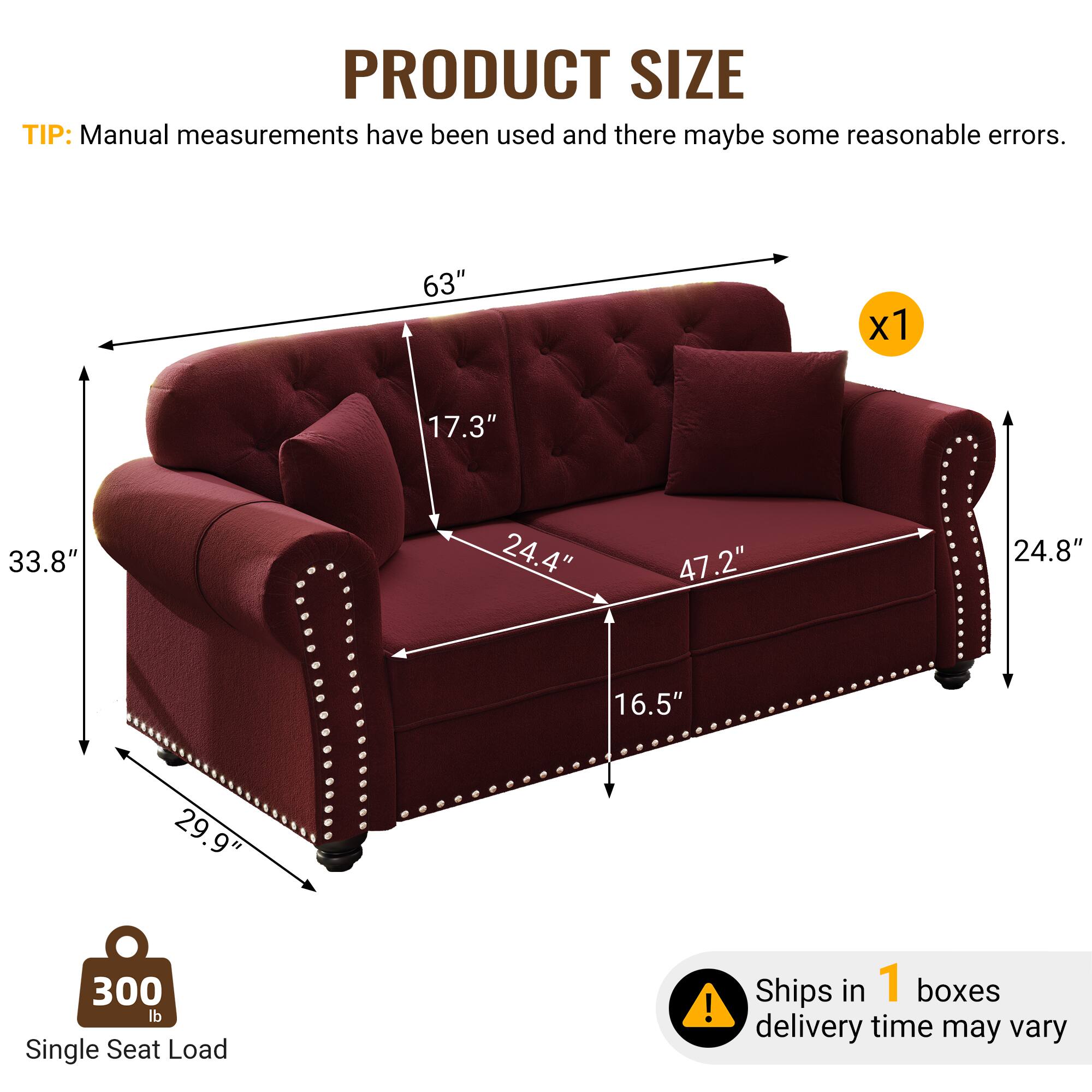PRODUCT SIZE TIP: Manual measurements have been used and there may be some reasonable errors.  
63" x 17.3" x 33.8" x 24.4" x 47.2" x 24.8" x 16.5" x 29.9"  
300 lb Single Seat Load  
Ships in 1 box, delivery time may vary