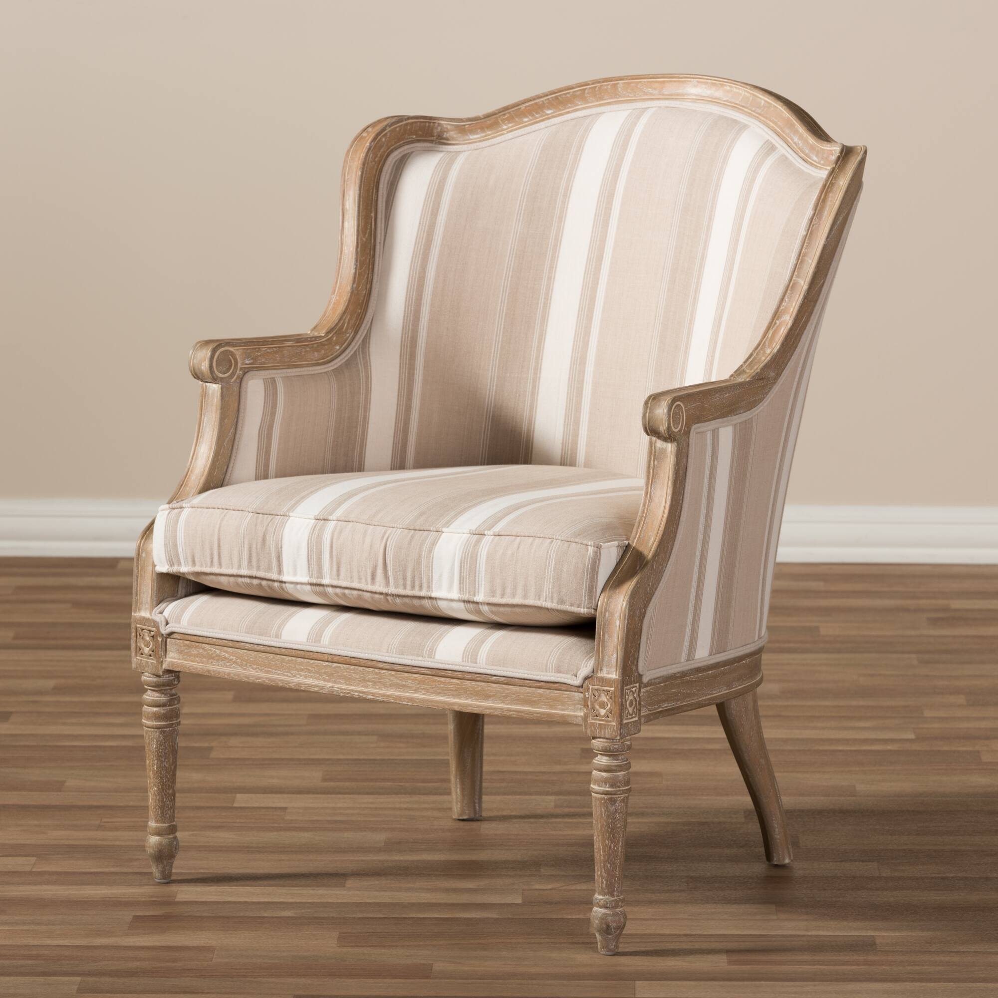 Alt View 4. Baxton Studio - Charlemagne Traditional French Accent Chair-Oak (Stripe) - Beige.