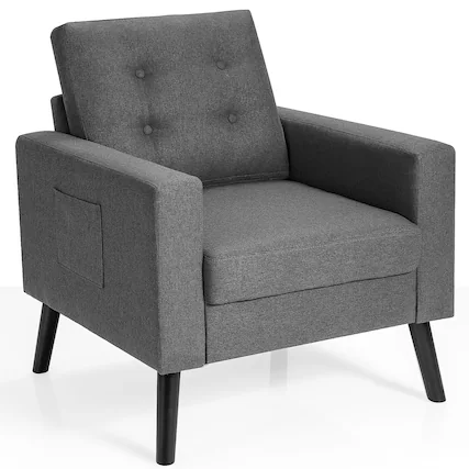Front. Costway - Modern Accent Upholstered Single Sofa Chair with 2-Side Pockets - Grey.