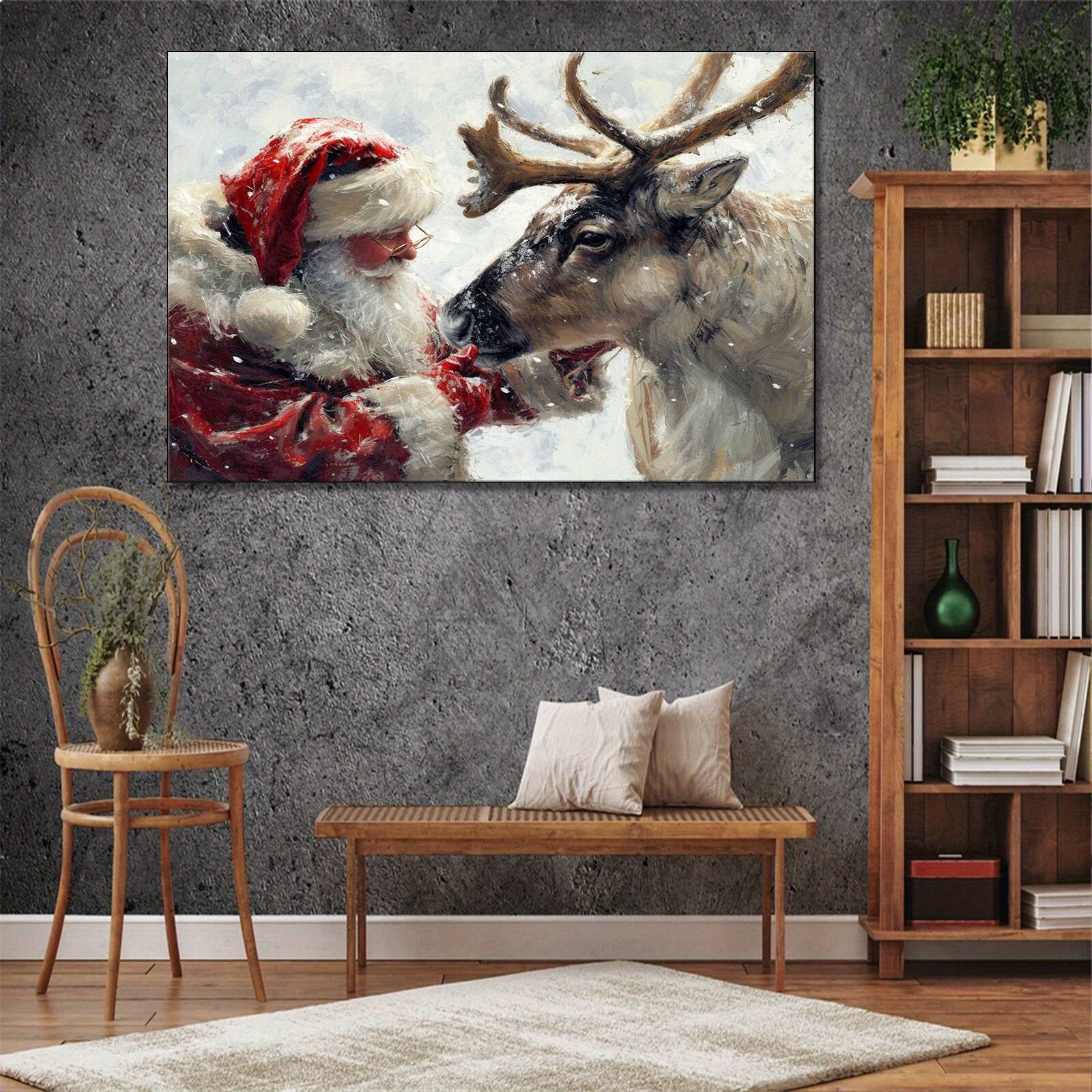Back. blue - 1pc Wood Frame Santa Petting Reindeer Poster Canvas Painting Wall Art Modern Home Bedroom Office Aesthetic Decor - Stre - Color:12*18inch.
