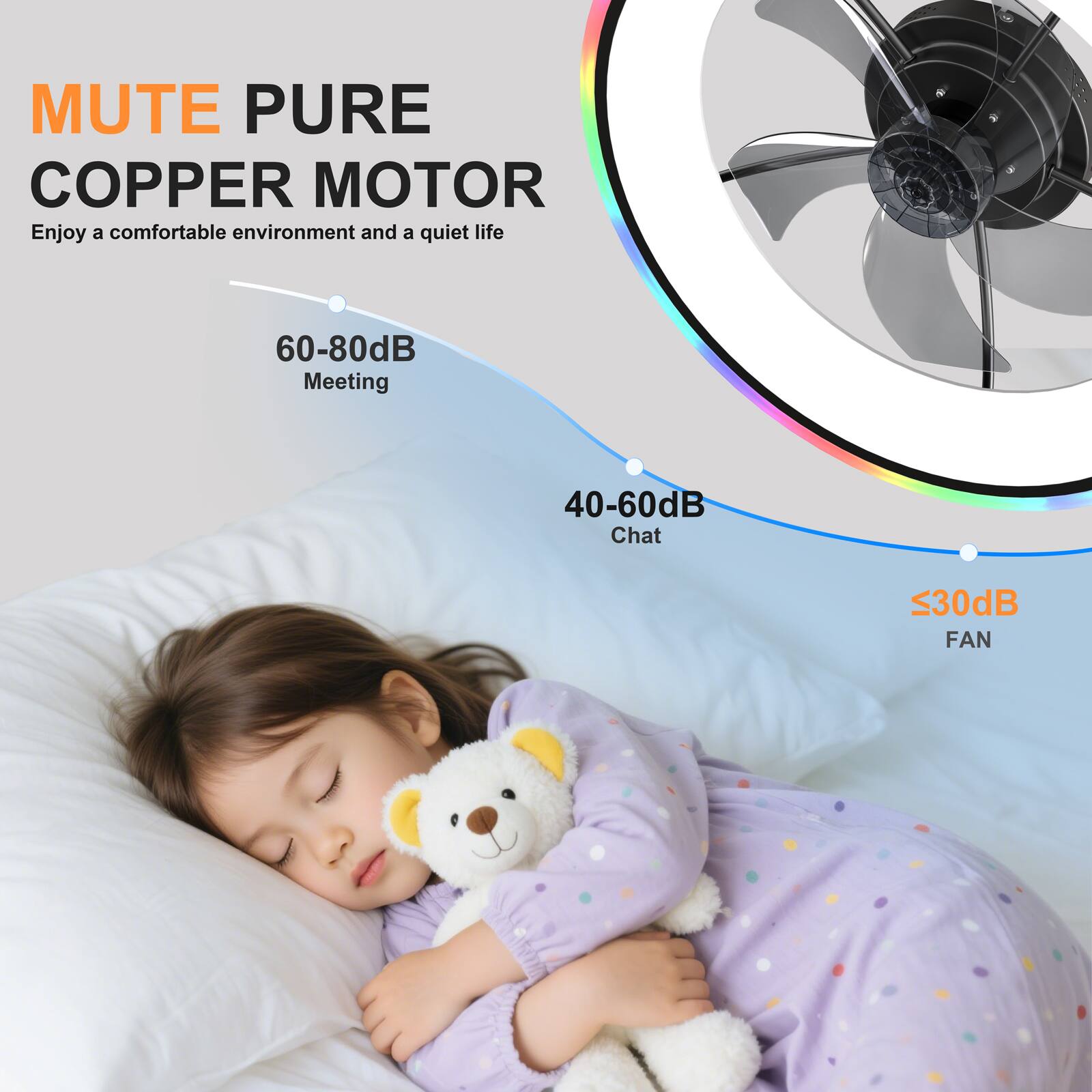 MUTE PURE COPPER MOTOR  
Enjoy a comfortable environment and a quiet life  

60-80dB  
Meeting  

40-60dB  
Chat  

<30dB  
FAN