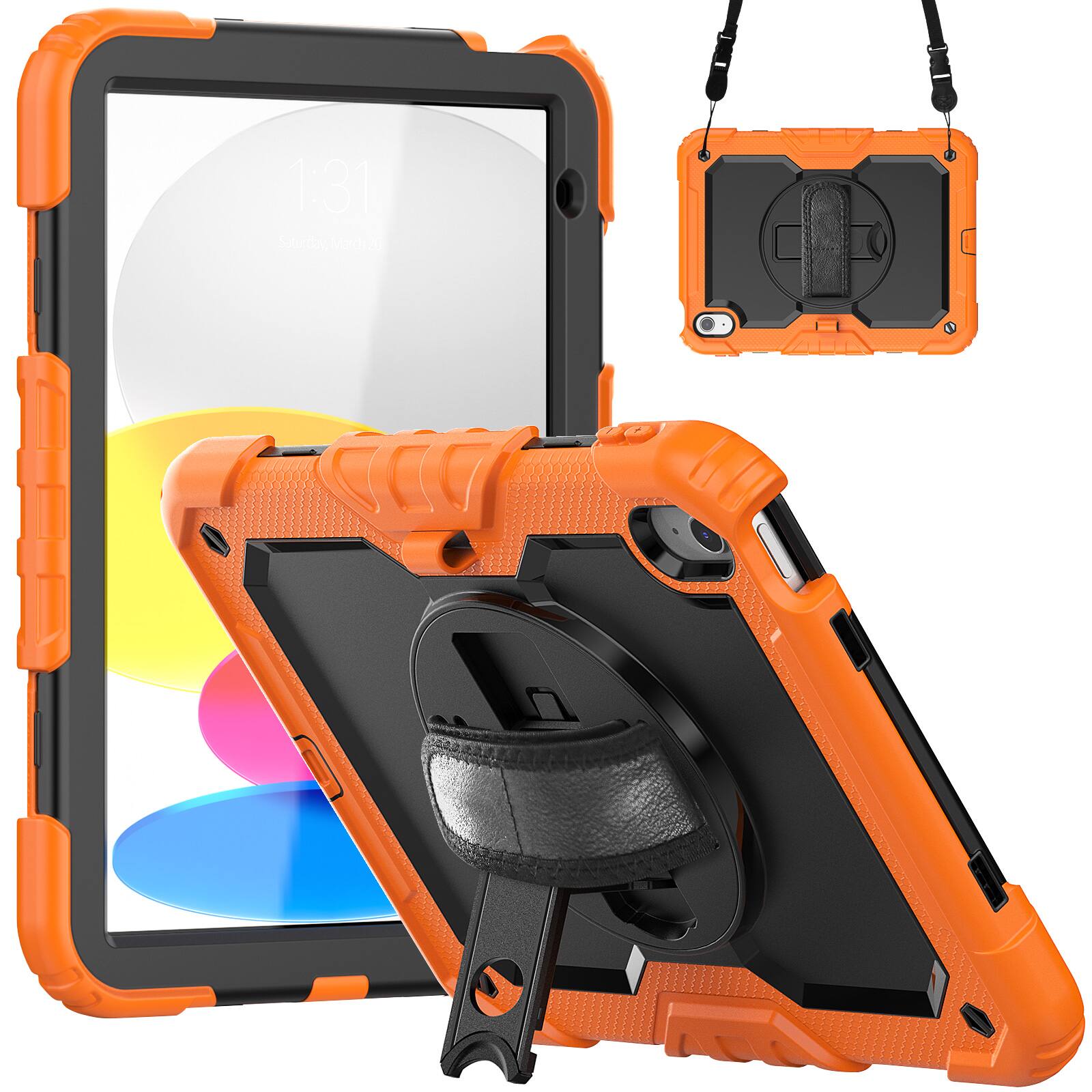 Angle. Dteck - For Apple iPad 11"(A16 chip 2025)&iPad 10th 2022 Three-Layer Kickstand Shoulder Strap Case Built-in Screen Protector - Orange.