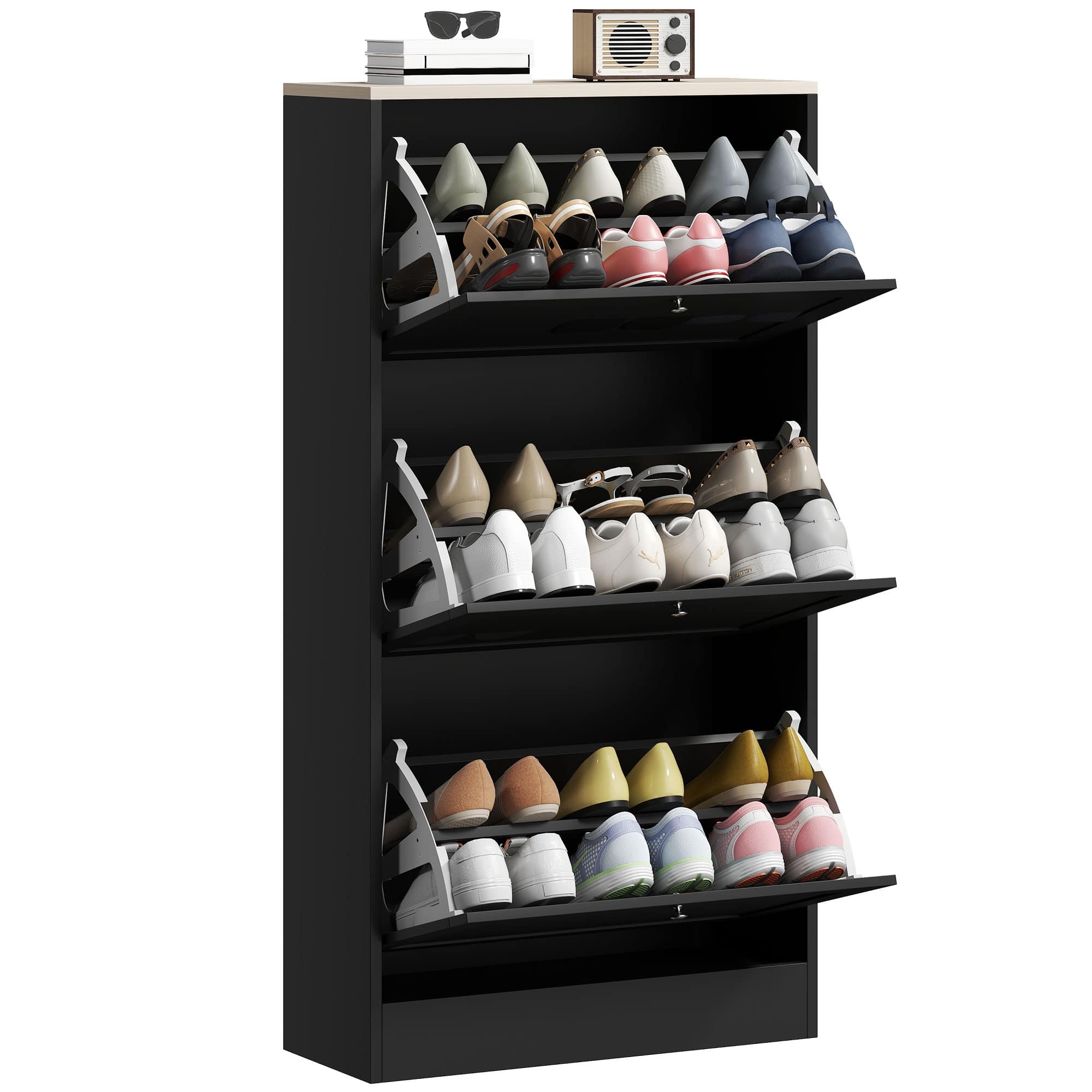 Homcom - Shoe Storage Cabinet with 3 Flip Drawers and Adjustable Shelves for 12-18 Pairs of Shoes - Black