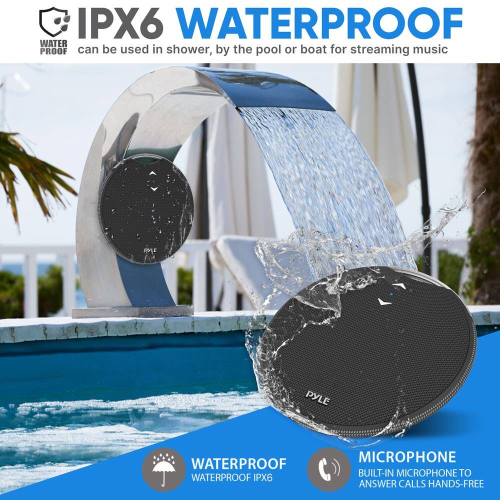 IPX6 WATERPROOF  
can be used in shower, by the pool or boat for streaming music  

WATERPROOF  
WATERPROOF IPX6  

MICROPHONE  
BUILT-IN MICROPHONE TO ANSWER CALLS HANDS-FREE