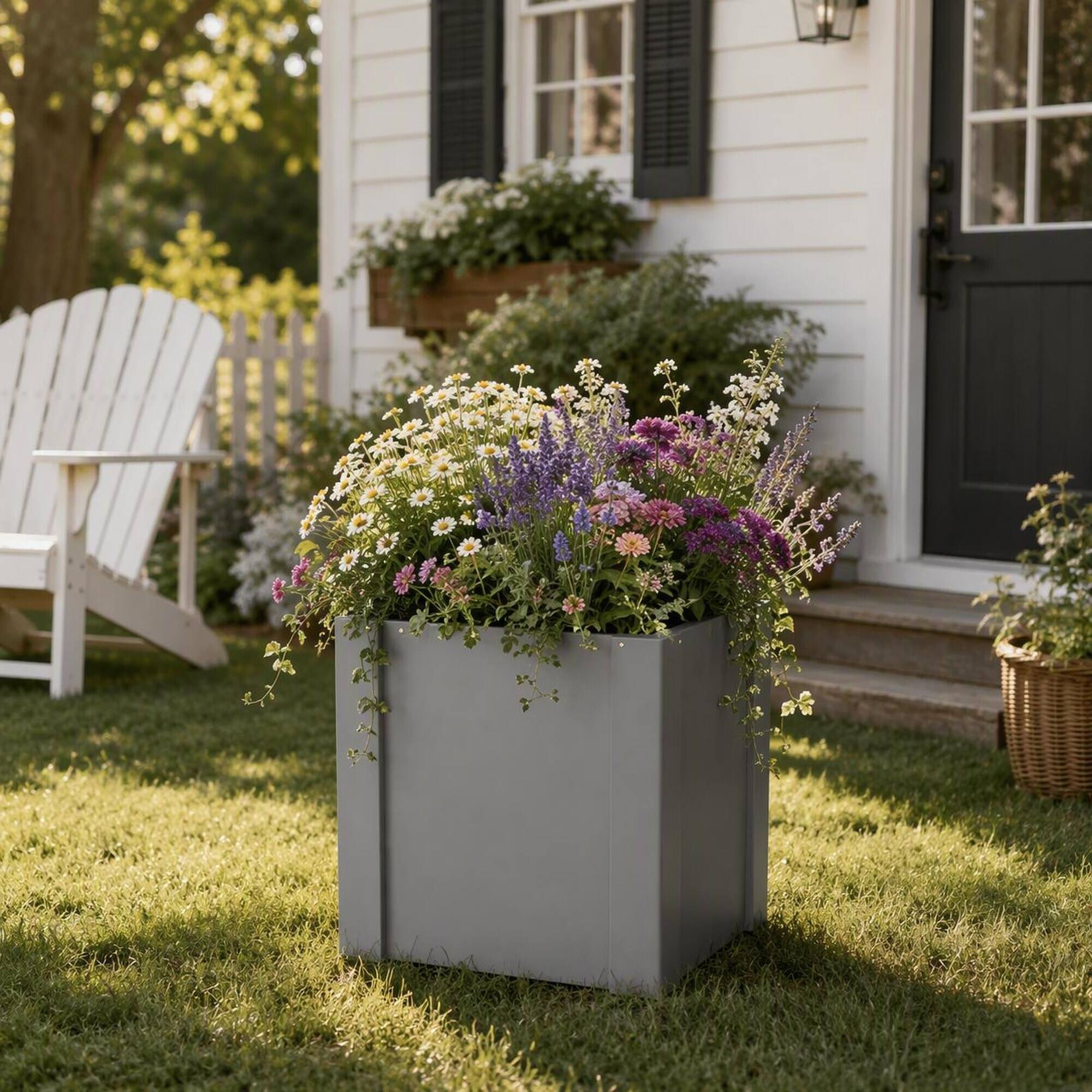 Angle. RYHNUYNE - Elevated Outdoor Planter Box 16.9x16.9x18.1 Inch Galvanized Steel Raised Garden Bed for Patio Balcony Vegetables - Black.