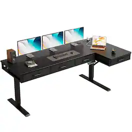 AODK - 63" L-Shaped Electric Standing Desk with Drawers, Power Outlets & Height Adjustable Sit-Stand Workstation - Black
