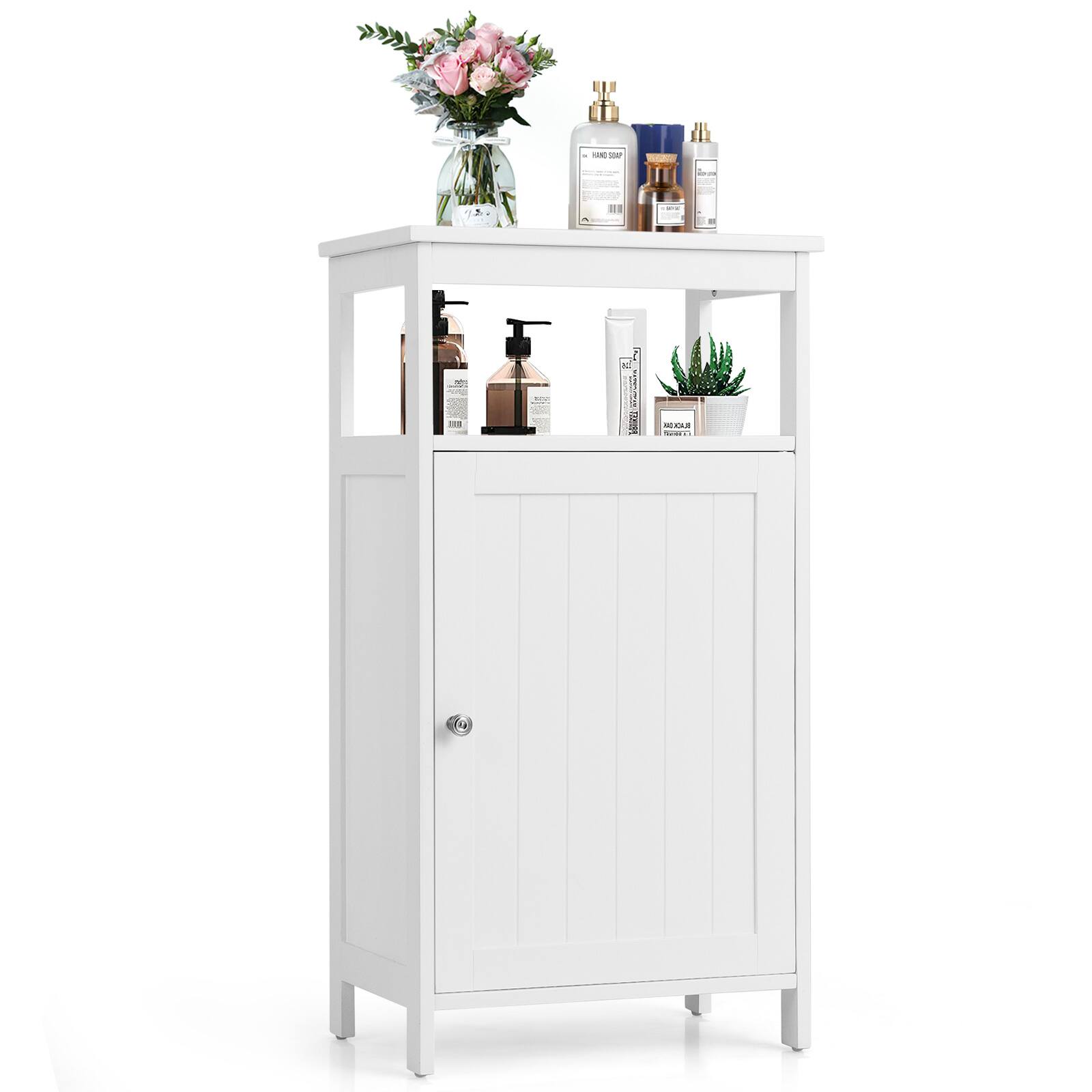Costway - Bathroom Wooden Floor Cabinet Multifunction Storage Rack Organizer Stand - White