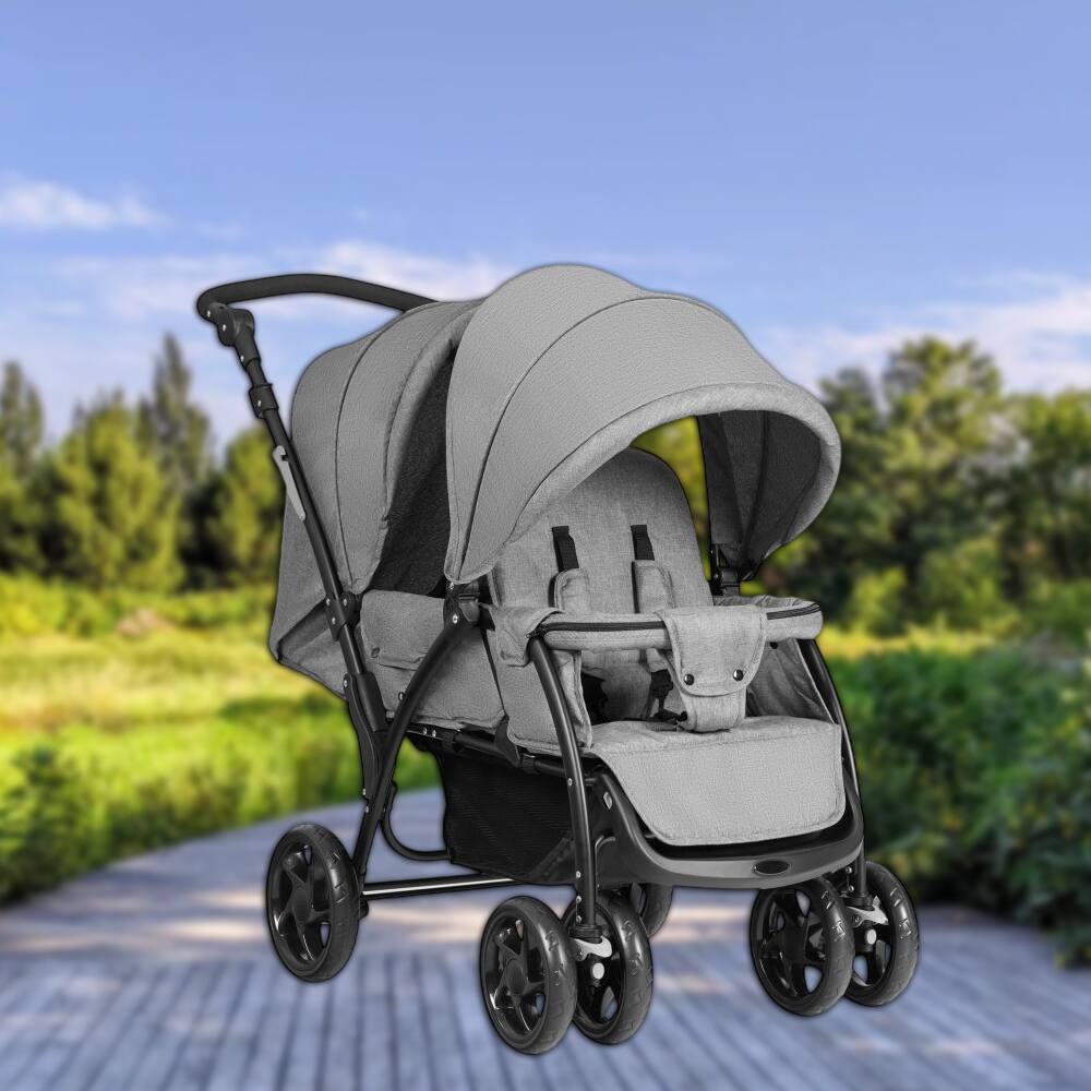 Front. Hivvago - Compact Dual Seat Foldable Baby Stroller Lightweight Front & Rear Design - Gray.