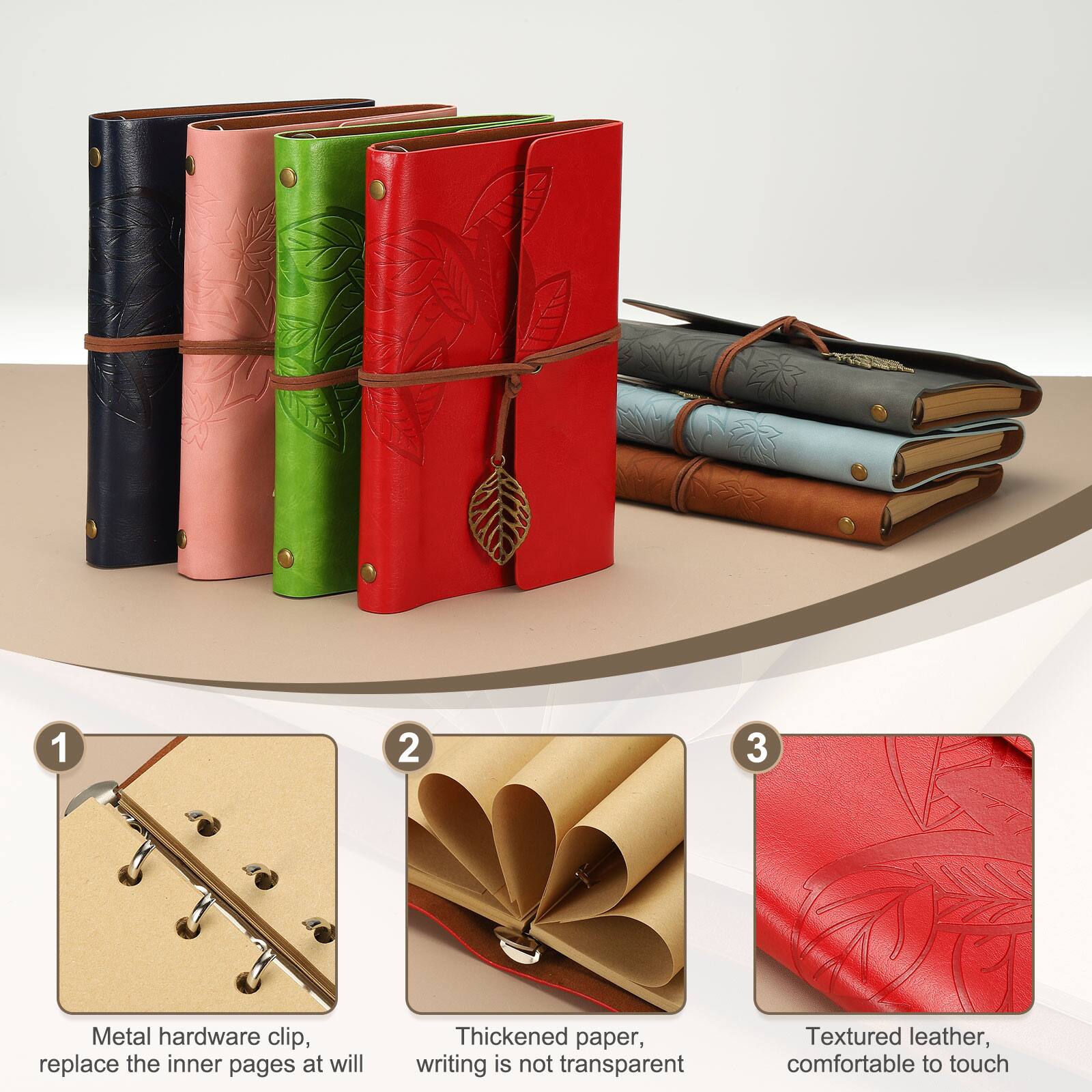 1. Metal hardware clip, replace the inner pages at will
2. Thickened paper, writing is not transparent
3. Textured leather, comfortable to touch