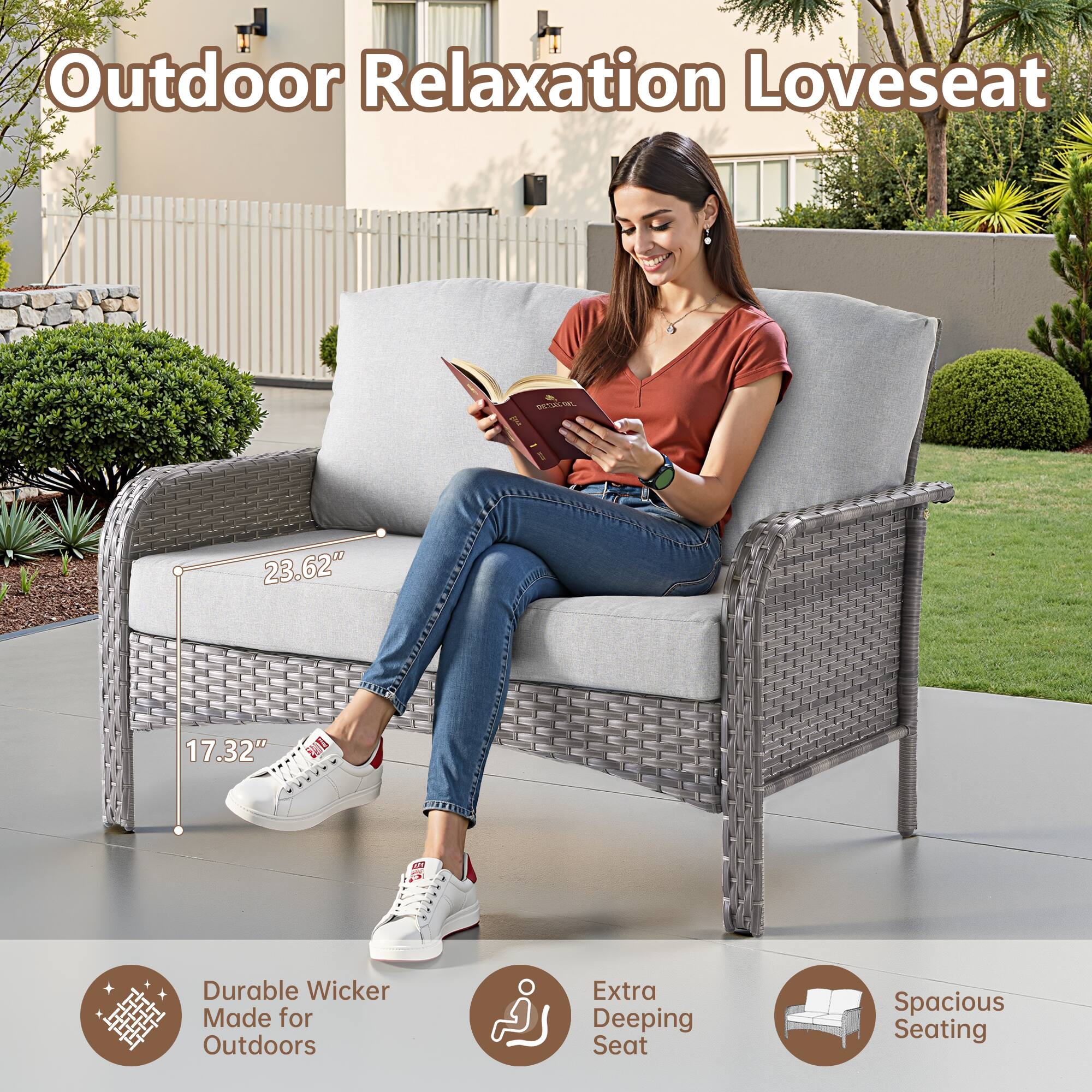 Outdoor Relaxation Loveseat

23.62"  
17.32"

- Durable Wicker Made for Outdoors
- Extra Deeping Seat
- Spacious Seating