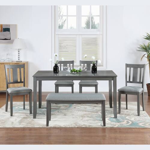Alt View 1. LUCKY ONE - 6-Piece Dining Set with 58.5" Rectangular Dining Table, Bench and 4 Slatted backrest Chairs - Gray.