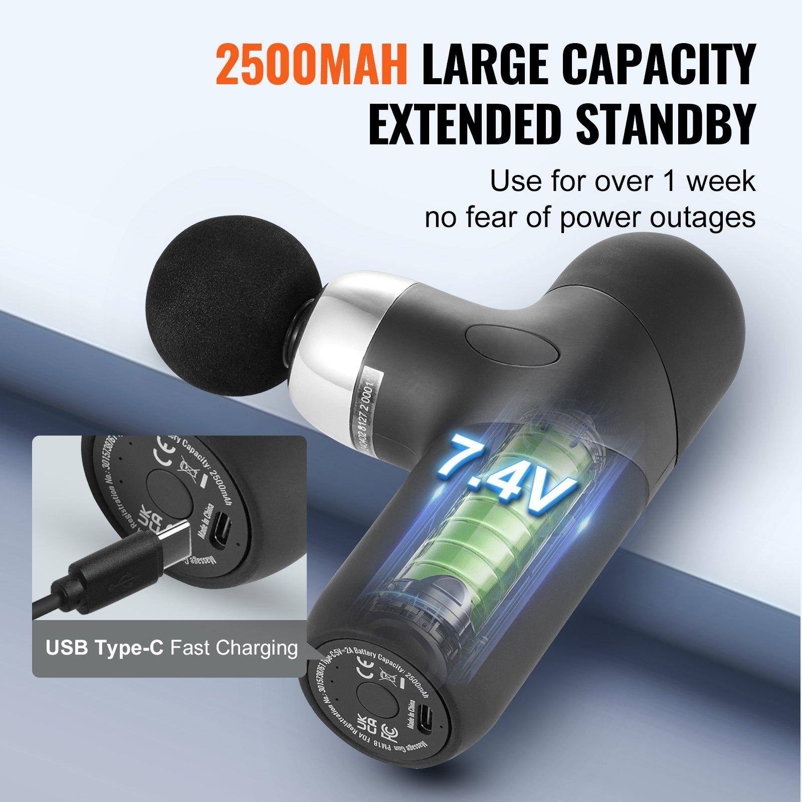 2500MAH LARGE CAPACITY EXTENDED STANDBY  
Use for over 1 week no fear of power outages  

7.4V  

USB Type-C Fast Charging  

CE  
Capacity: 2500mAh  
7.4V  
USB Type-C  

Made in China