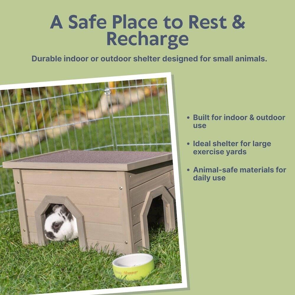 A Safe Place to Rest & Recharge

Durable indoor or outdoor shelter designed for small animals.

- Built for indoor & outdoor use
- Ideal shelter for large exercise yards
- Animal-safe materials for daily use