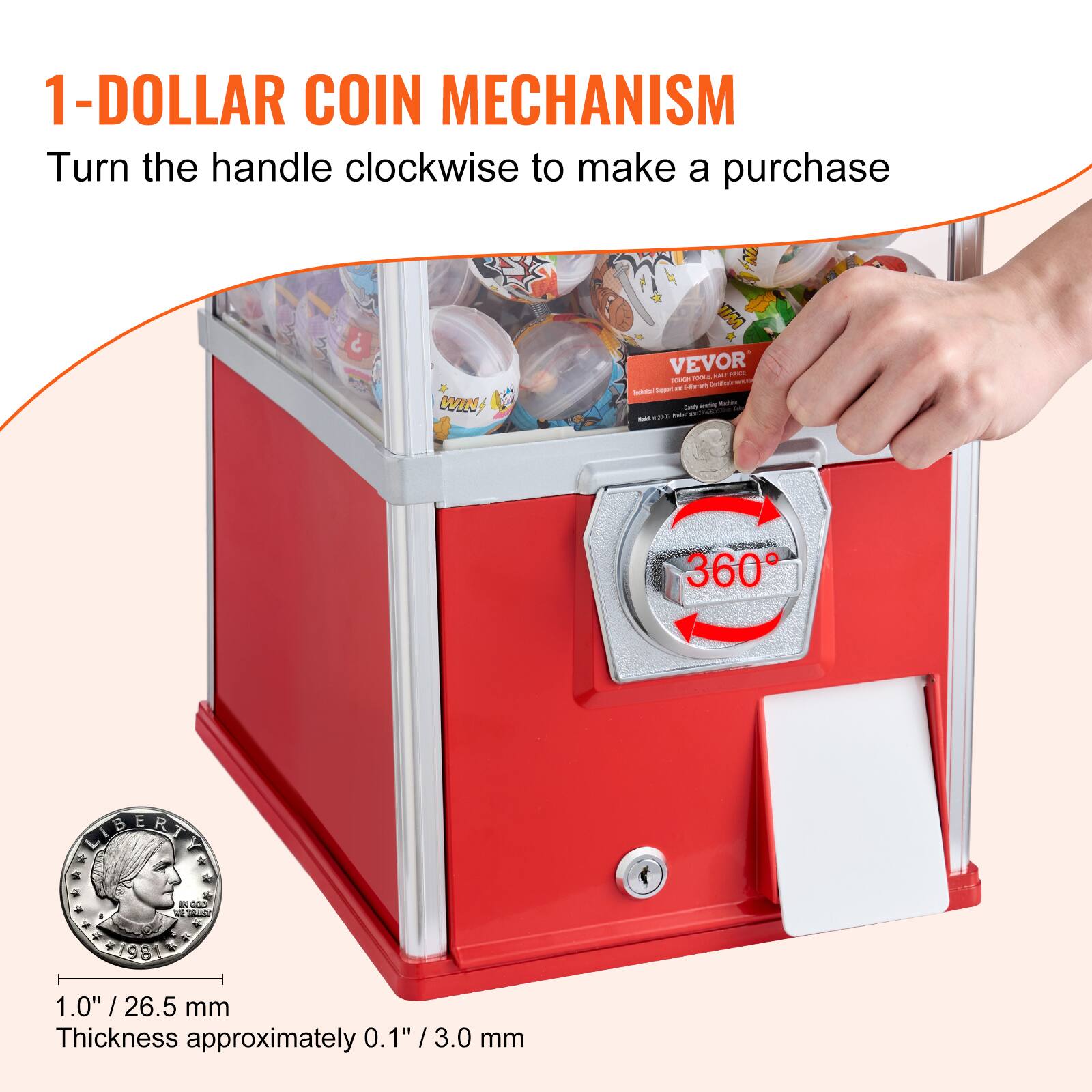 1-DOLLAR COIN MECHANISM  
Turn the handle clockwise to make a purchase  

1.0" / 26.5 mm  
Thickness approximately 0.1" / 3.0 mm  

360°